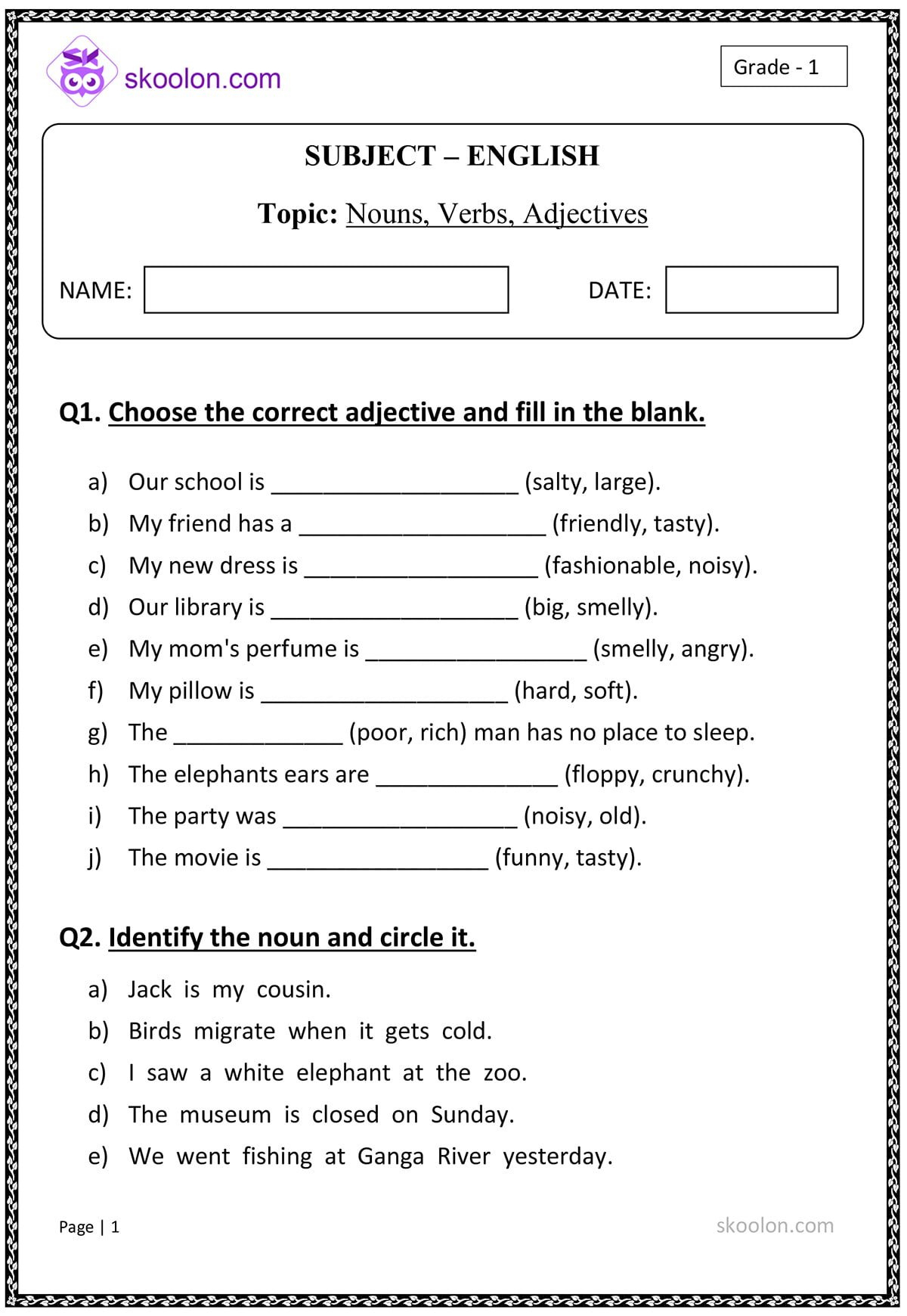 Nouns, Verbs, Adjectives - Skoolon - Worksheets Library | Free Printable Worksheets On Nouns Verbs Adjectives