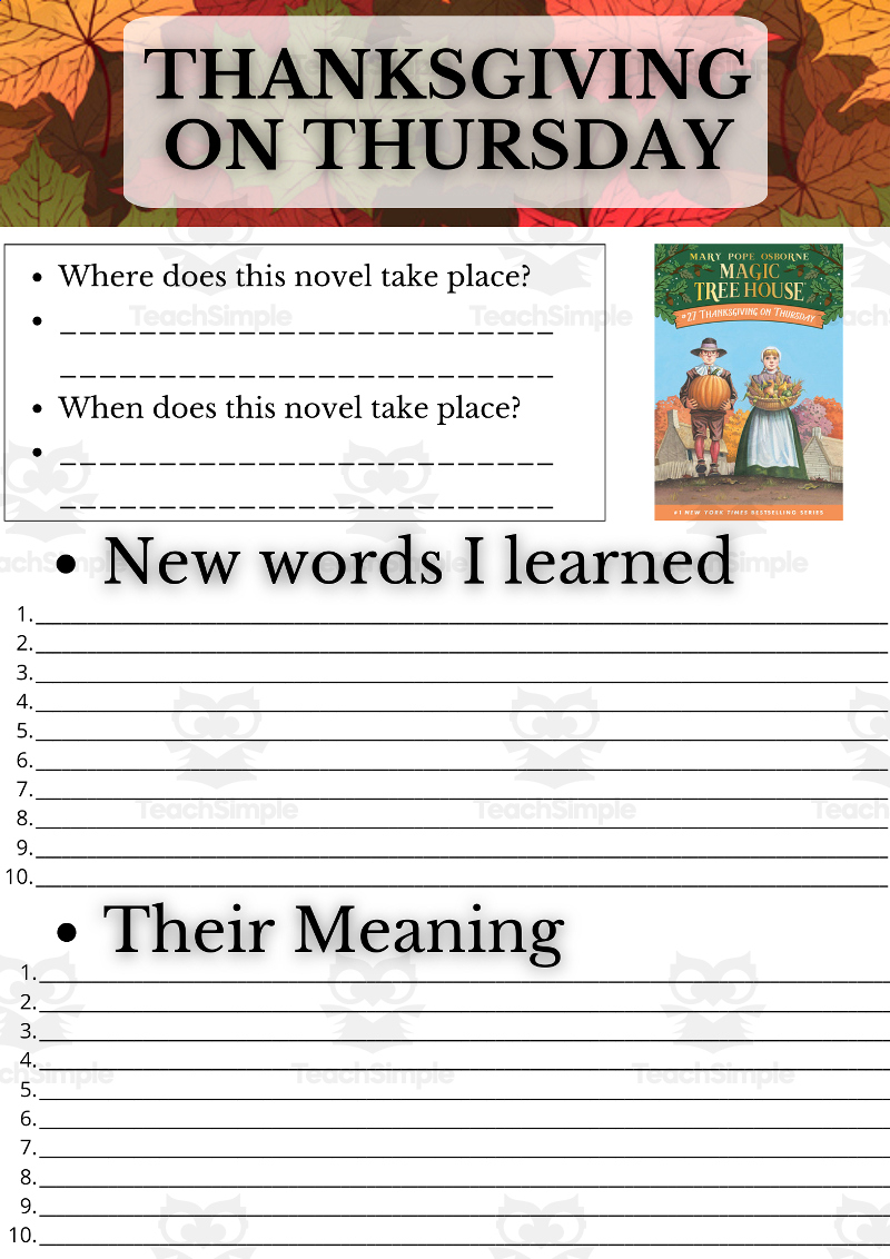 Novel Study - Thanksgiving On Thursday - Magic Tree Houseteach | Thanksgiving On Thursday Worksheets