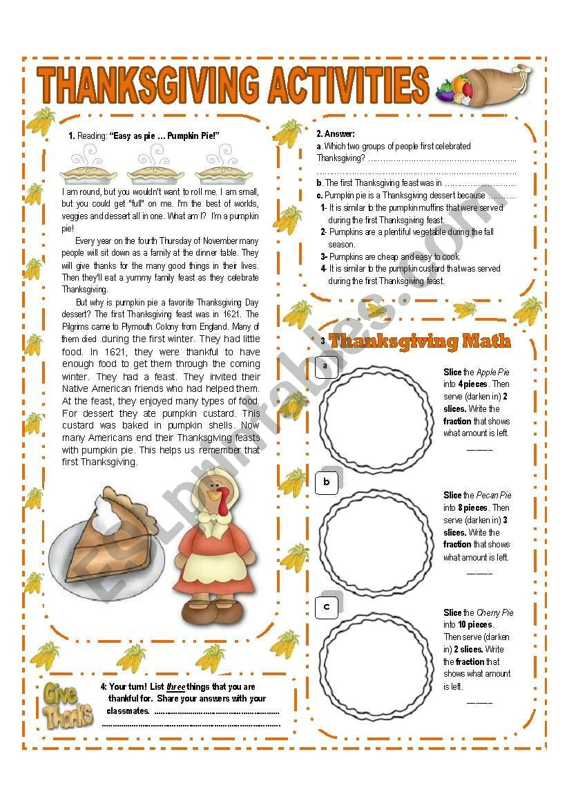 November Theme:thanksgiving - Activities With Key - (1/3 | Thanksgiving A Day of Thanks Worksheet Answers