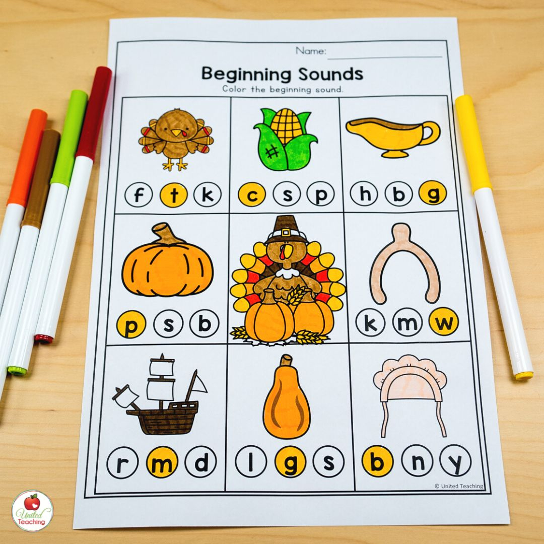 November Worksheets For Kindergarten: Easy To Prep Thanksgiving | Thanksgiving Beginning Sounds Worksheet