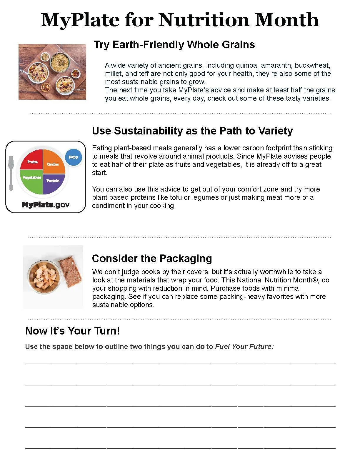 Nutrition Month Worksheet - Handout To Use Myplate - In Printable | Free Printable Nutrition Worksheets For Adults