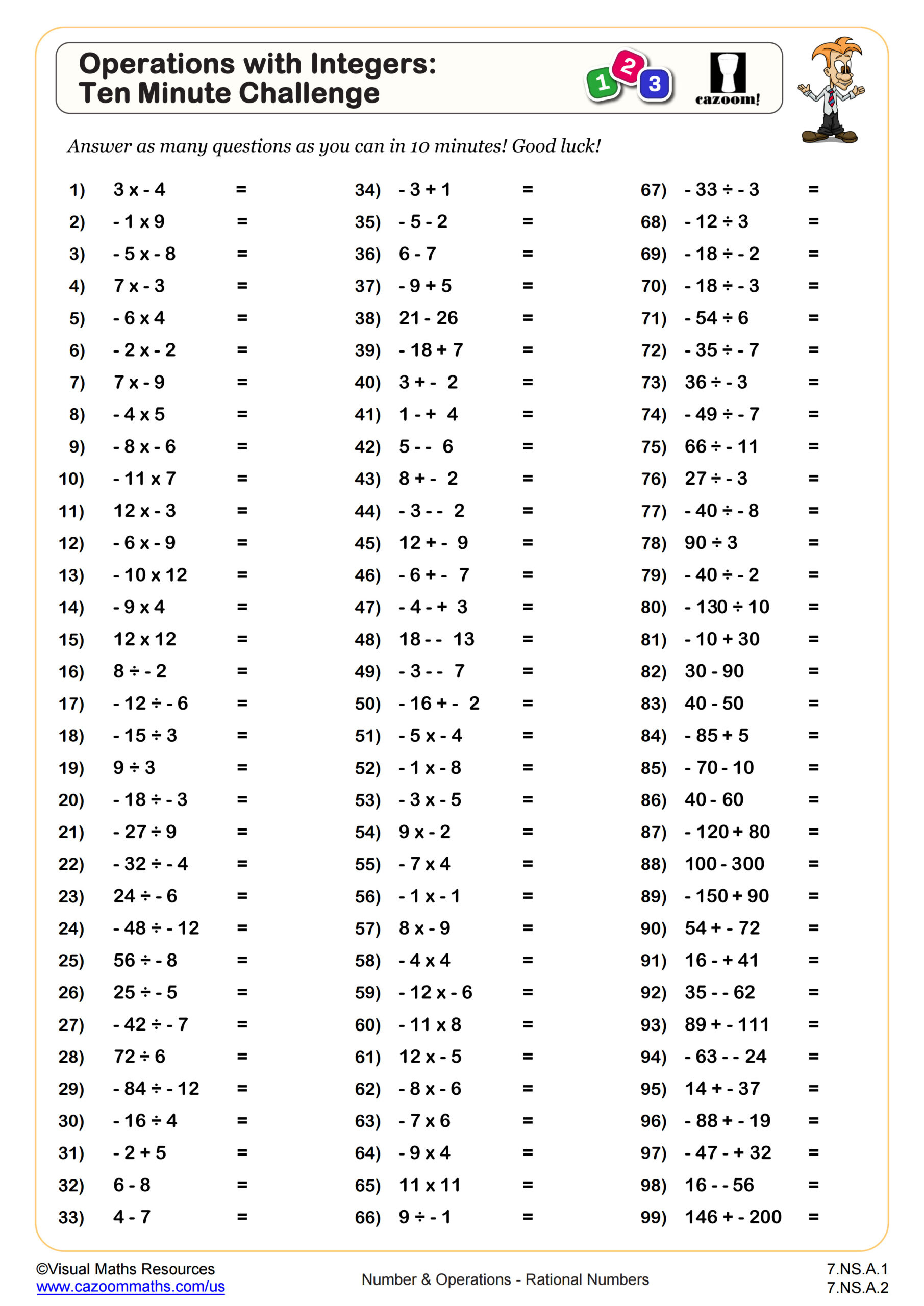 Operations With Integers Ten Minute Challenge Worksheet | Pdf | Free Printable Integer Worksheets Grade 7