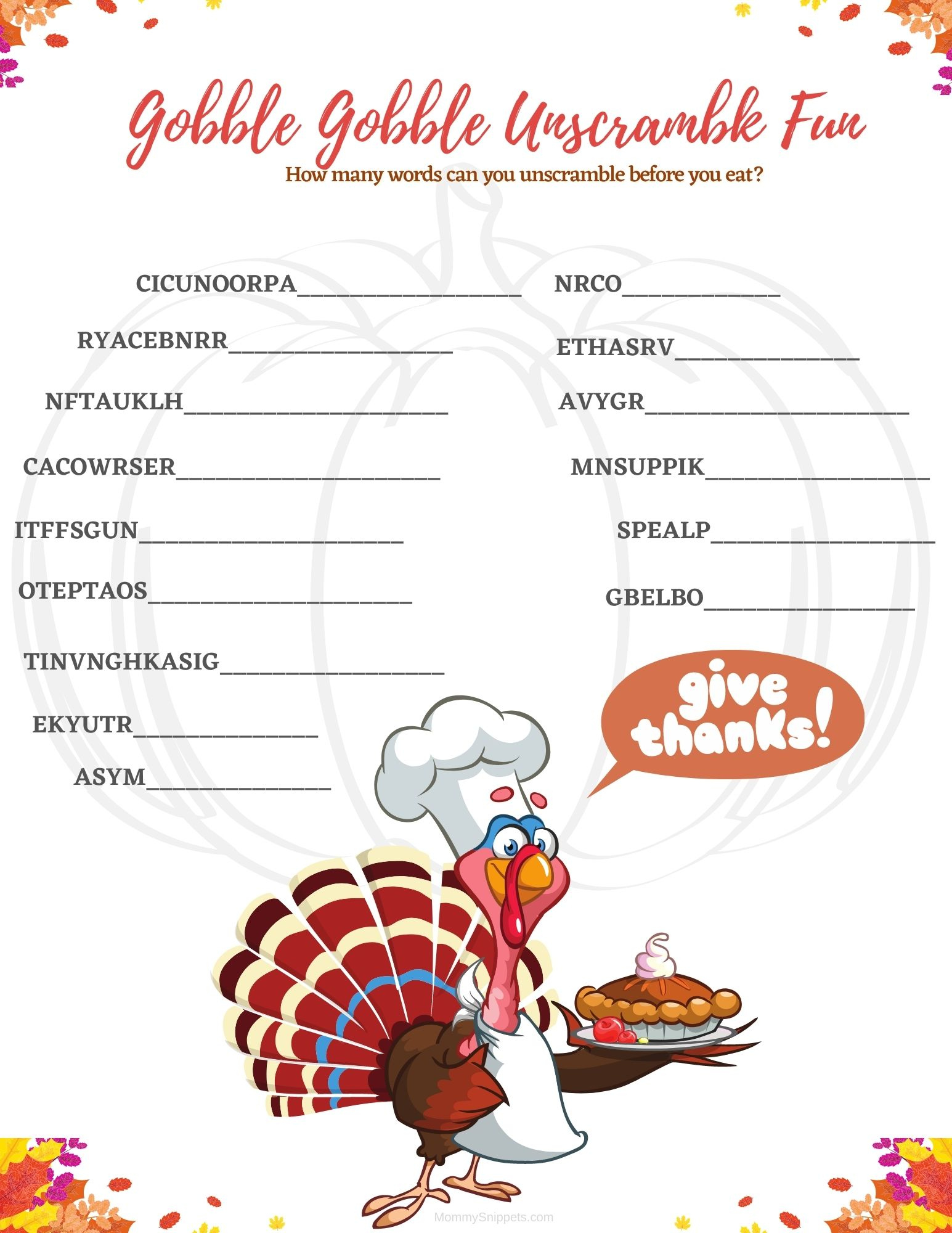 Over 25 Free Thanksgiving Printables For Kids - Mommy Snippets | Thanksgiving Unscramble Worksheets