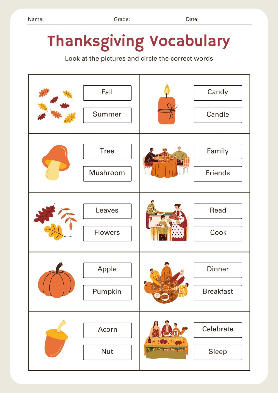Page 5 - Free Printable Thanksgiving Worksheet Templates | Canva | Thanksgiving Vocabulary Worksheet