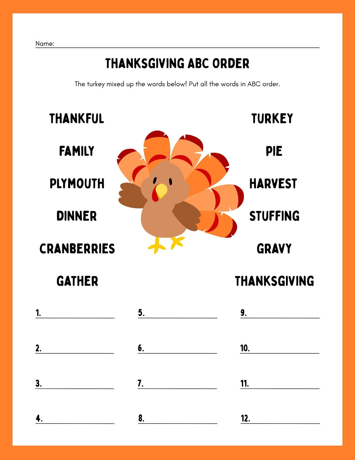 Page 6 - Free Printable Thanksgiving Worksheet Templates | Canva | Thanksgiving Abc Order Worksheets