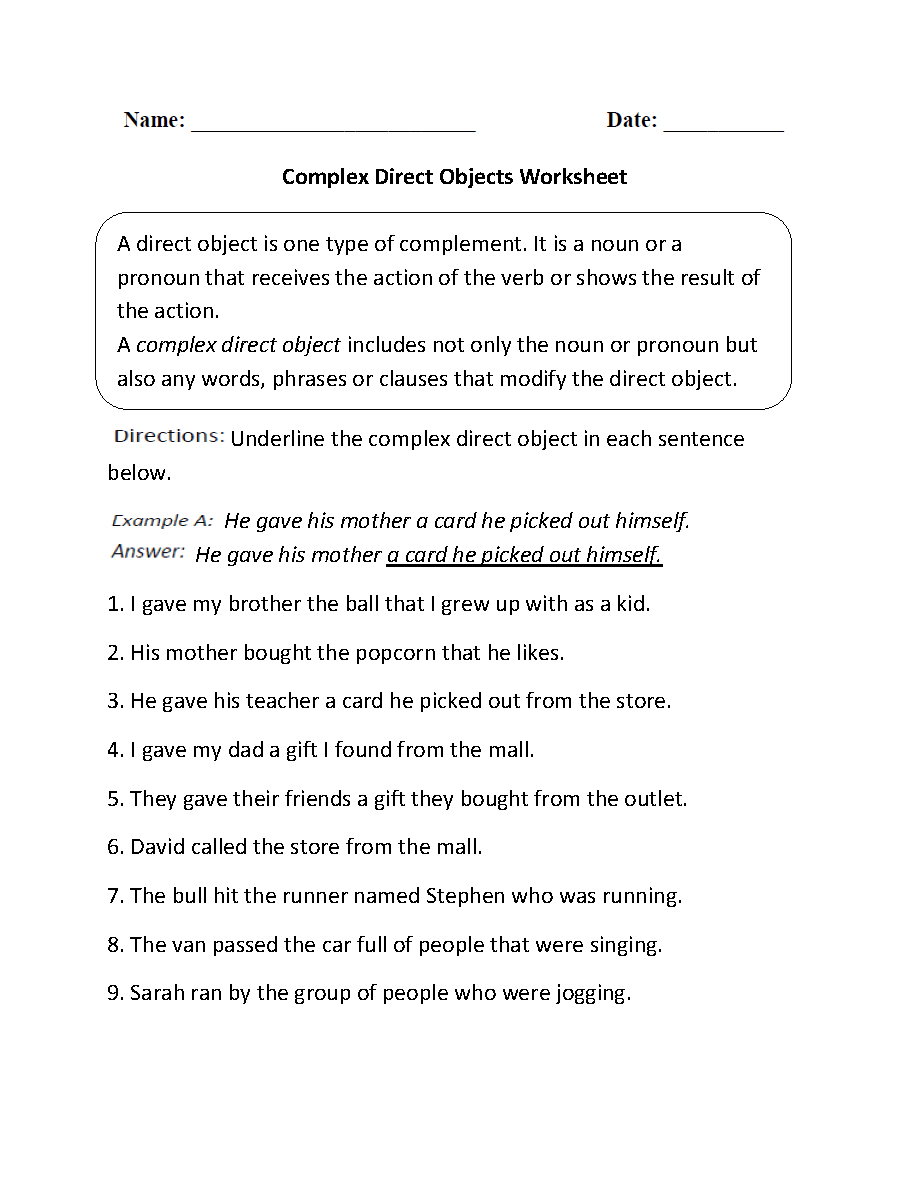 Parts Of A Sentence Worksheets | Direct And Indirect Objects | Direct Object Printable Worksheets