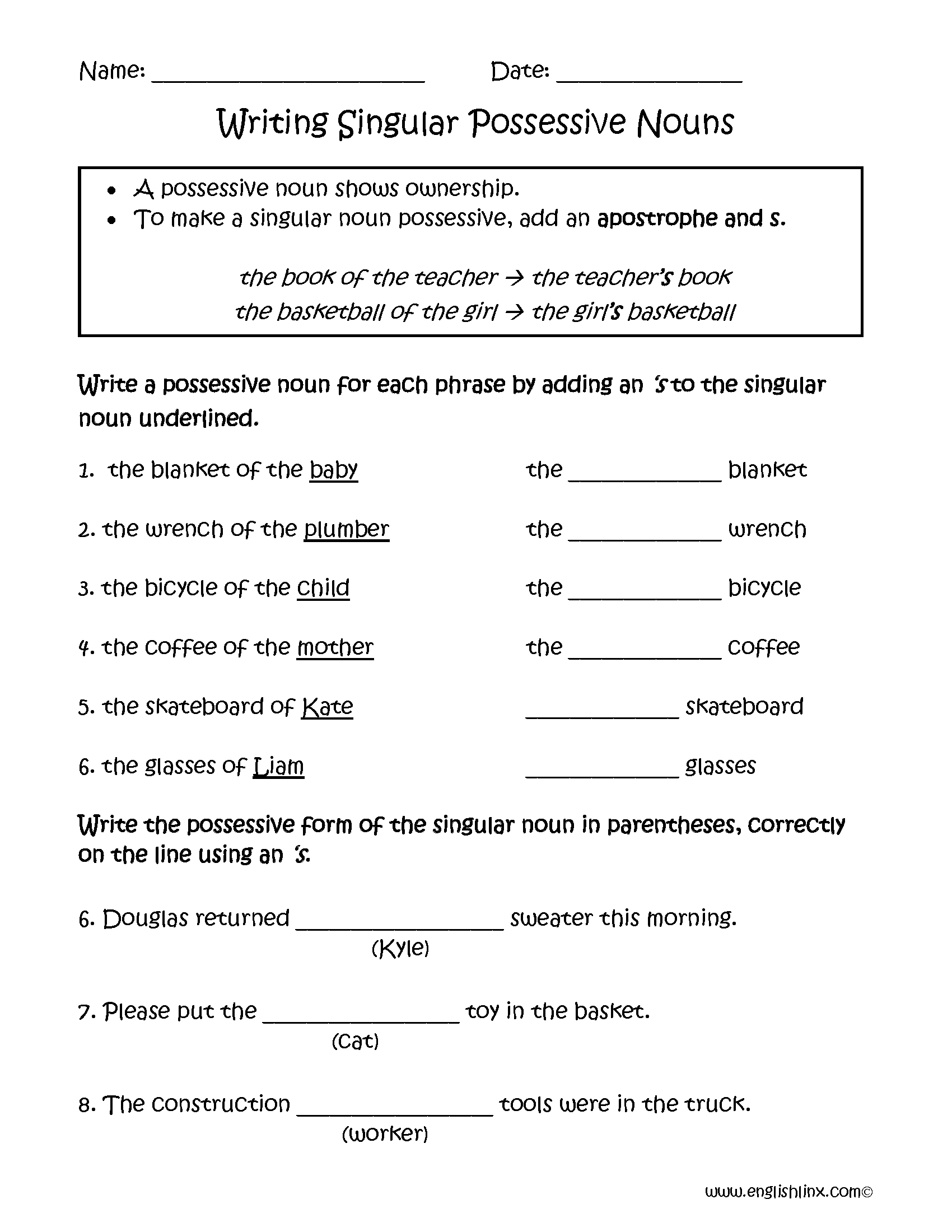 Possessive Nouns Worksheets | Writing Singular Possessive Nouns | Free Printable Possessive Nouns Worksheets