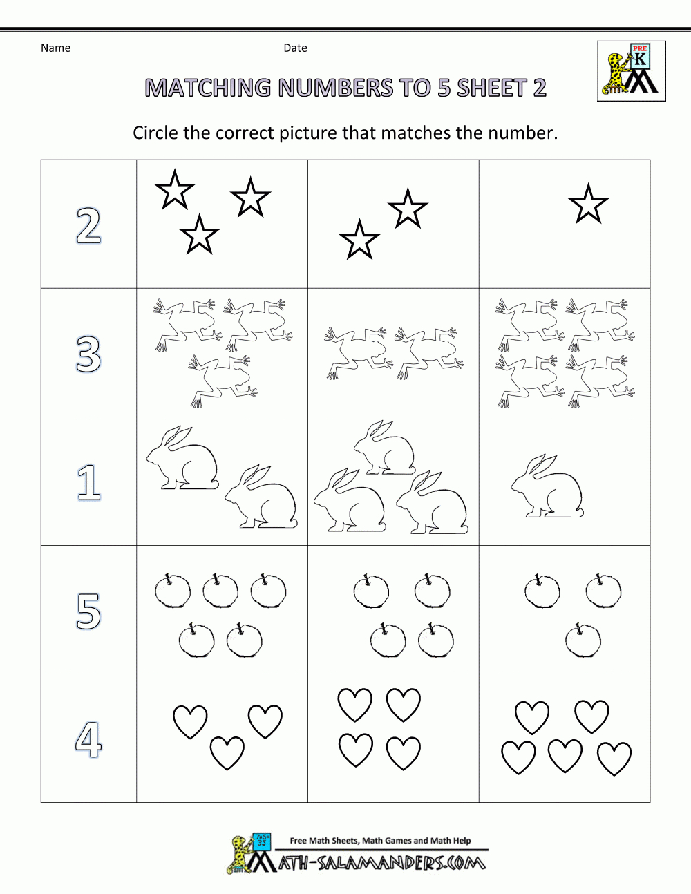 Preschool Math Worksheets - Matching To 5 | Free Printable Number Worksheets Preschool