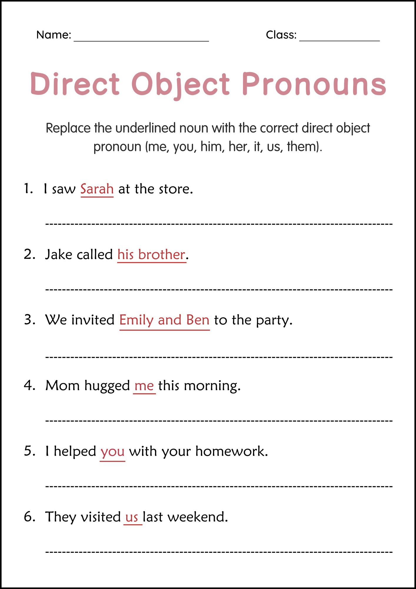 Printable Direct Object Pronouns Practice Grammar Worksheets For | Direct Object Printable Worksheets