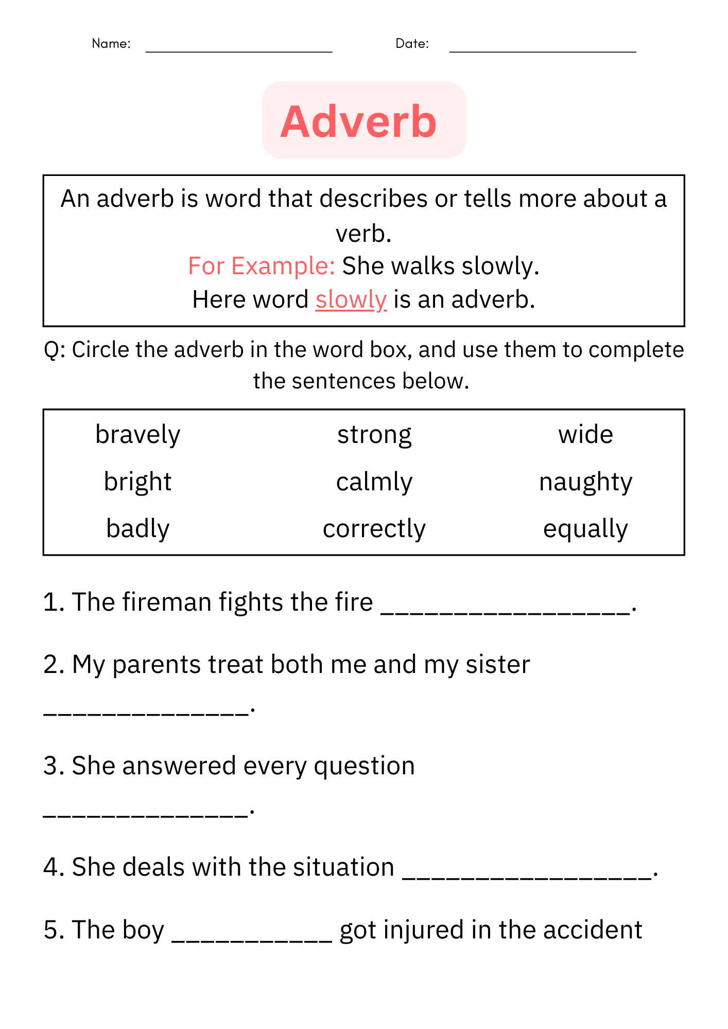 Printable Identifying Adverbs Grammar Worksheet For Kindergarten | Free Printable Adverb Worksheets