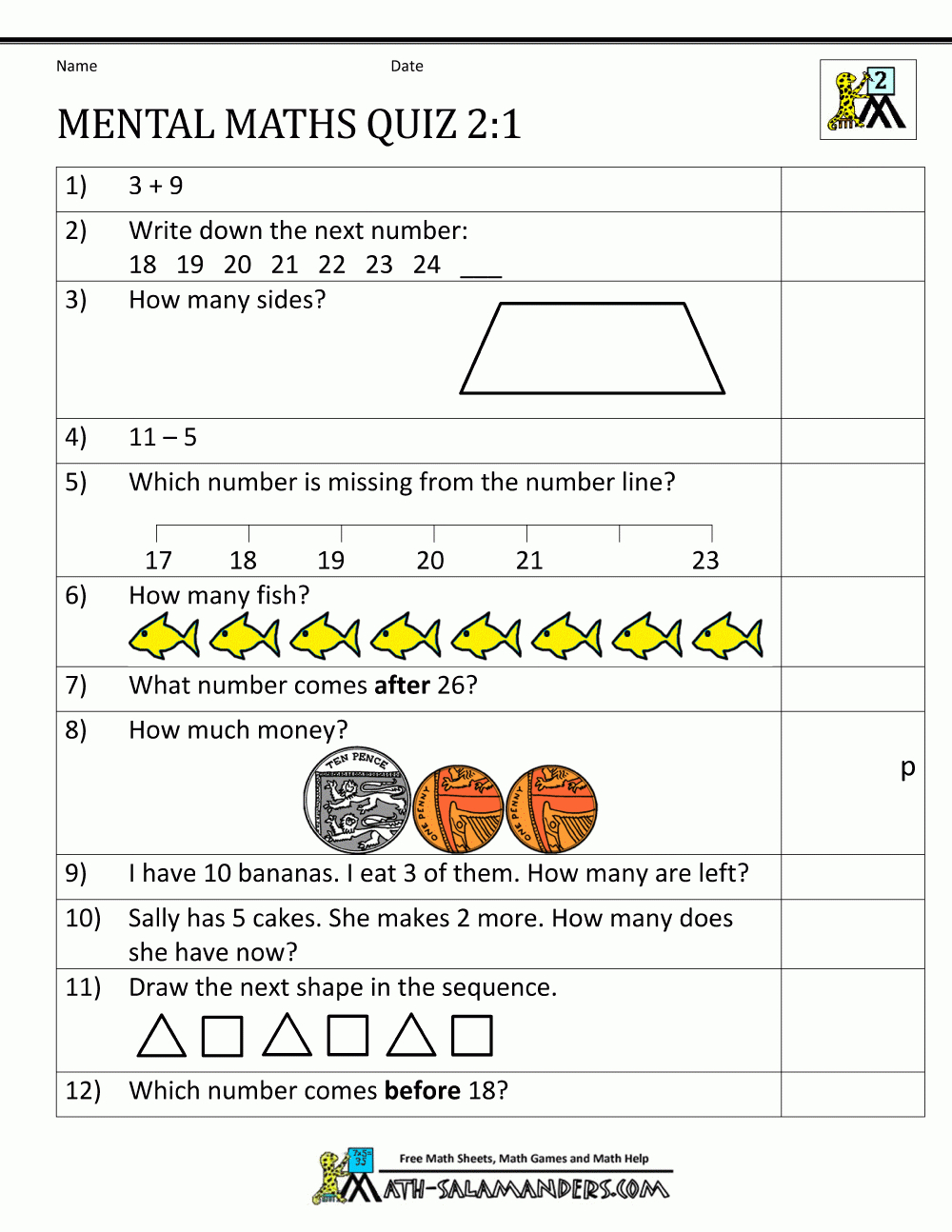 Printable Mental Maths Year 2 Worksheets | Year 2 Free Printable Worksheets
