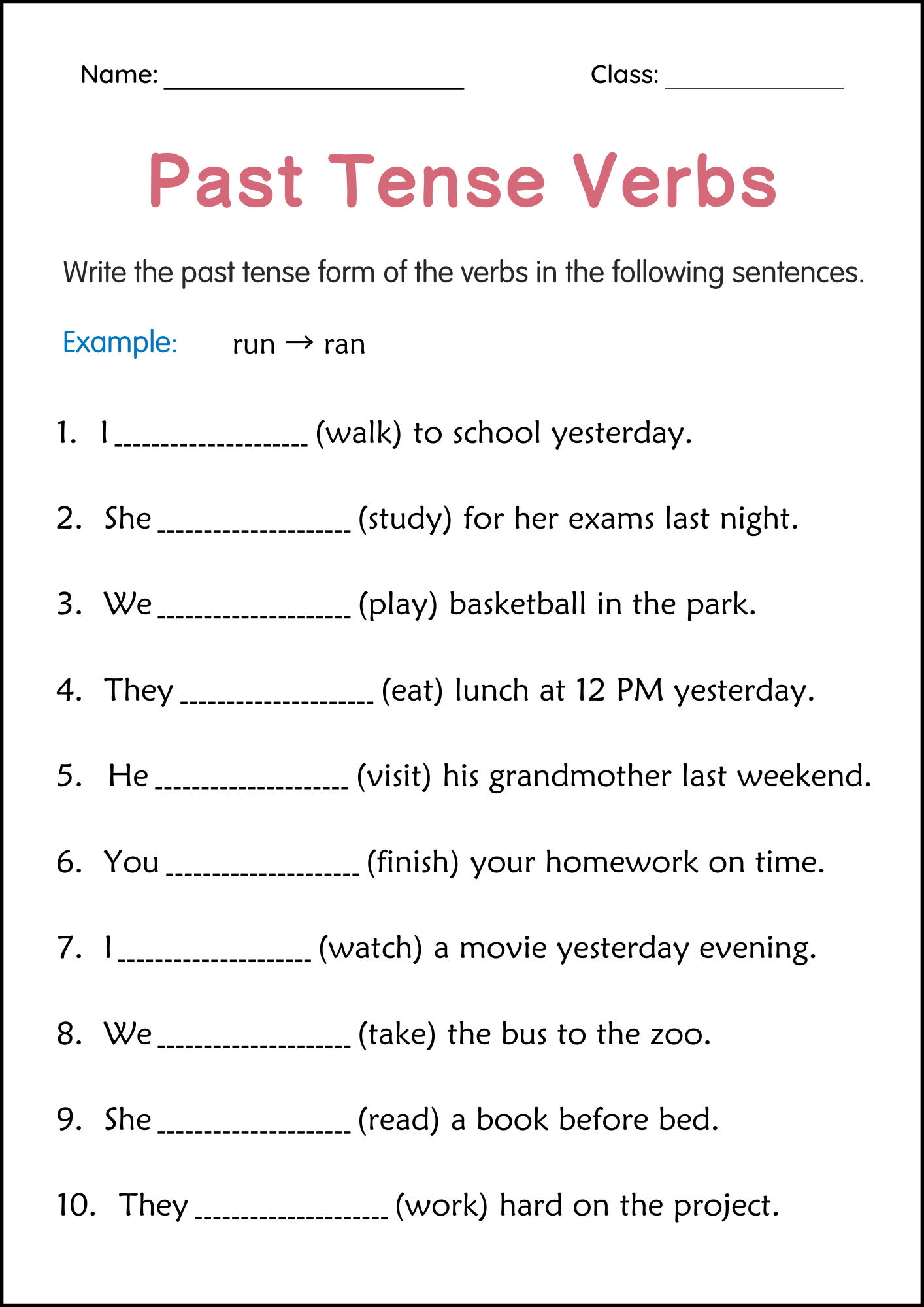 Printable Simple Past Tense Verbs Grammar Worksheets For Grade 2 | Free Printable Past Tense Verbs Worksheets