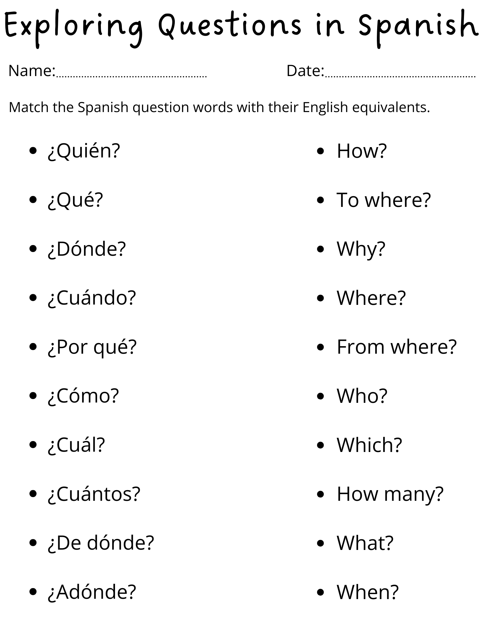 printable spanish question words worksheet for kids teaching free printable spanish worksheets Printable Spanish Question Words Worksheet For Kids | Teaching | Free Printable Spanish Worksheets