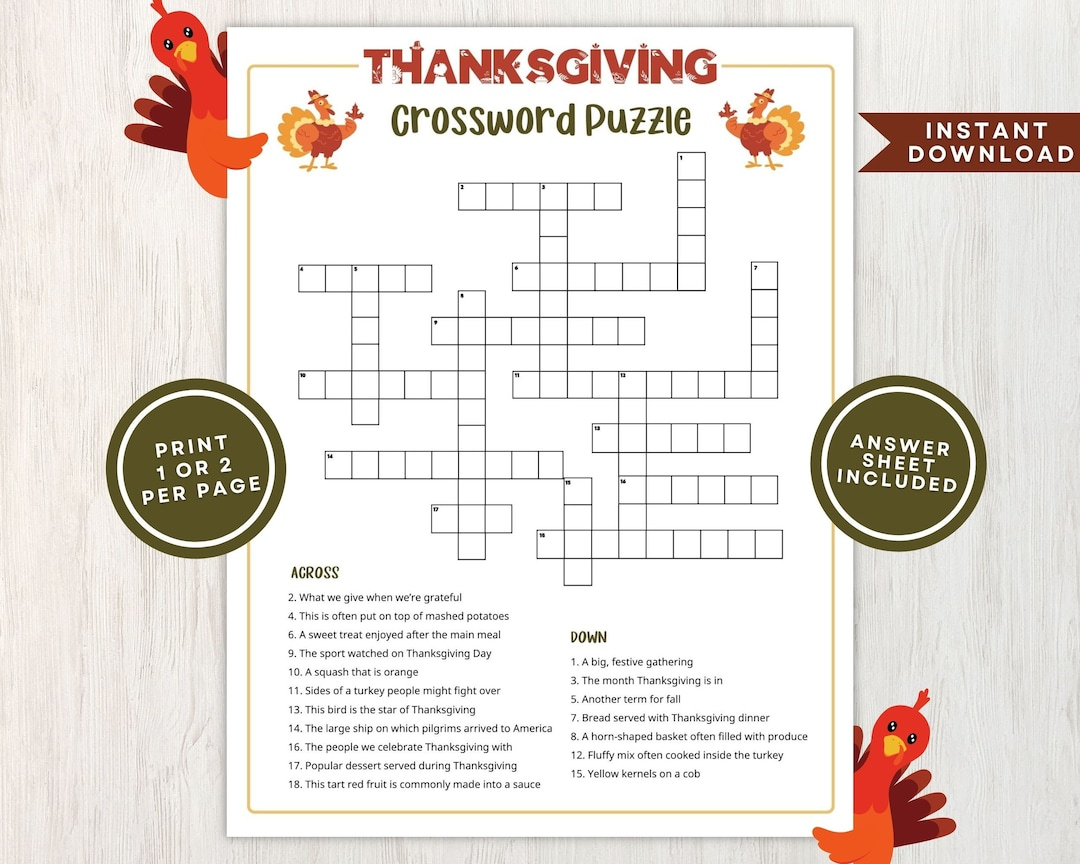 Printable Thanksgiving Crossword Puzzle For Kids And Adults | Thanksgiving Crossword Puzzle Worksheet