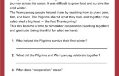 History of Thanksgiving Reading Comprehension Worksheets