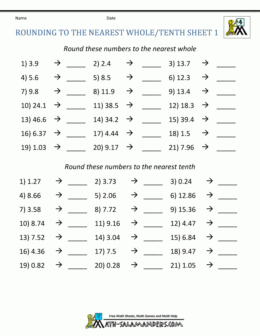 Rounding To The Nearest Tenth | Free Printable Rounding Math Worksheets