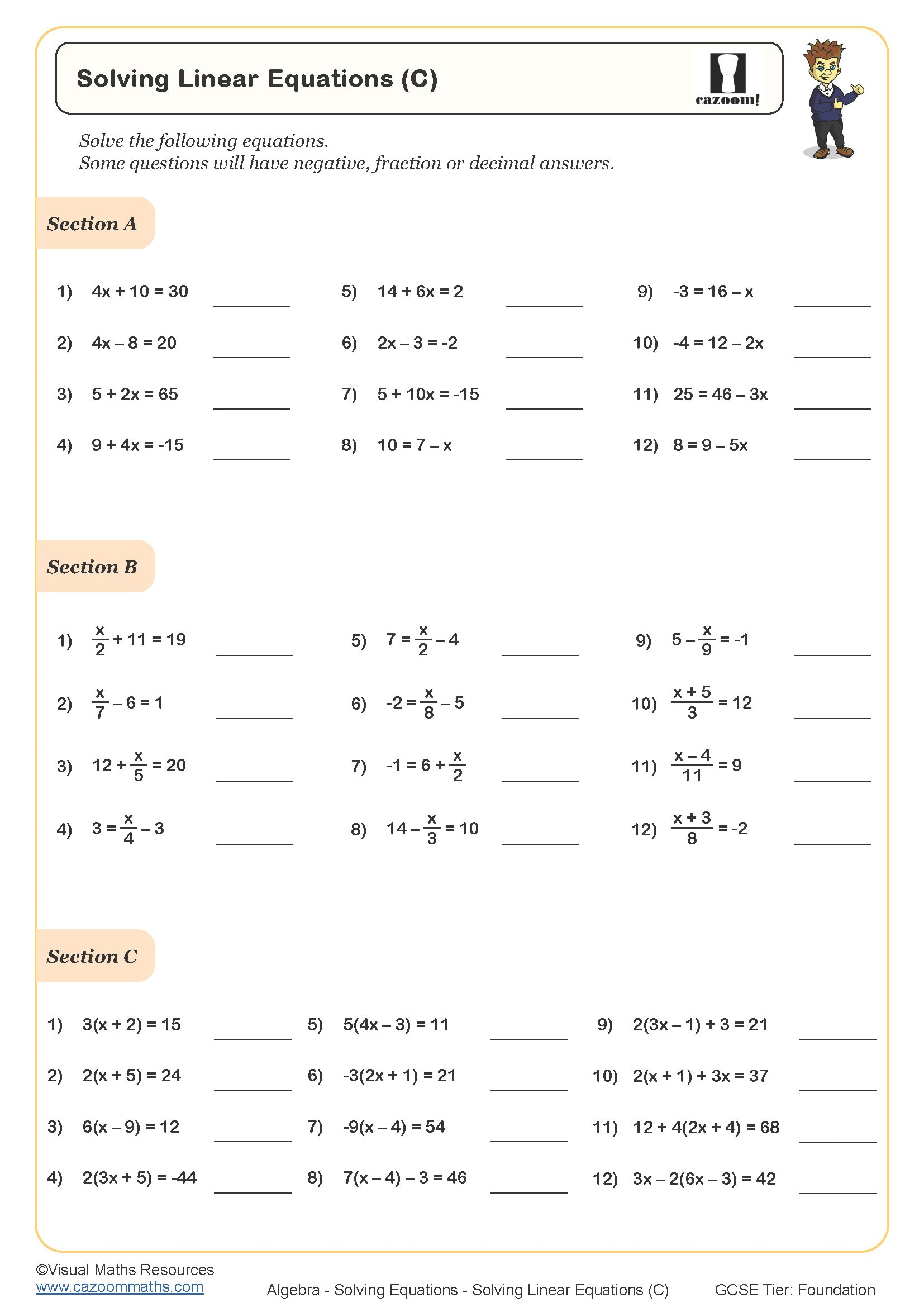 solving linear equations c worksheet printable maths worksheets solving equations printable worksheets Solving Linear Equations (C) Worksheet | Printable Maths Worksheets | Solving Equations Printable Worksheets