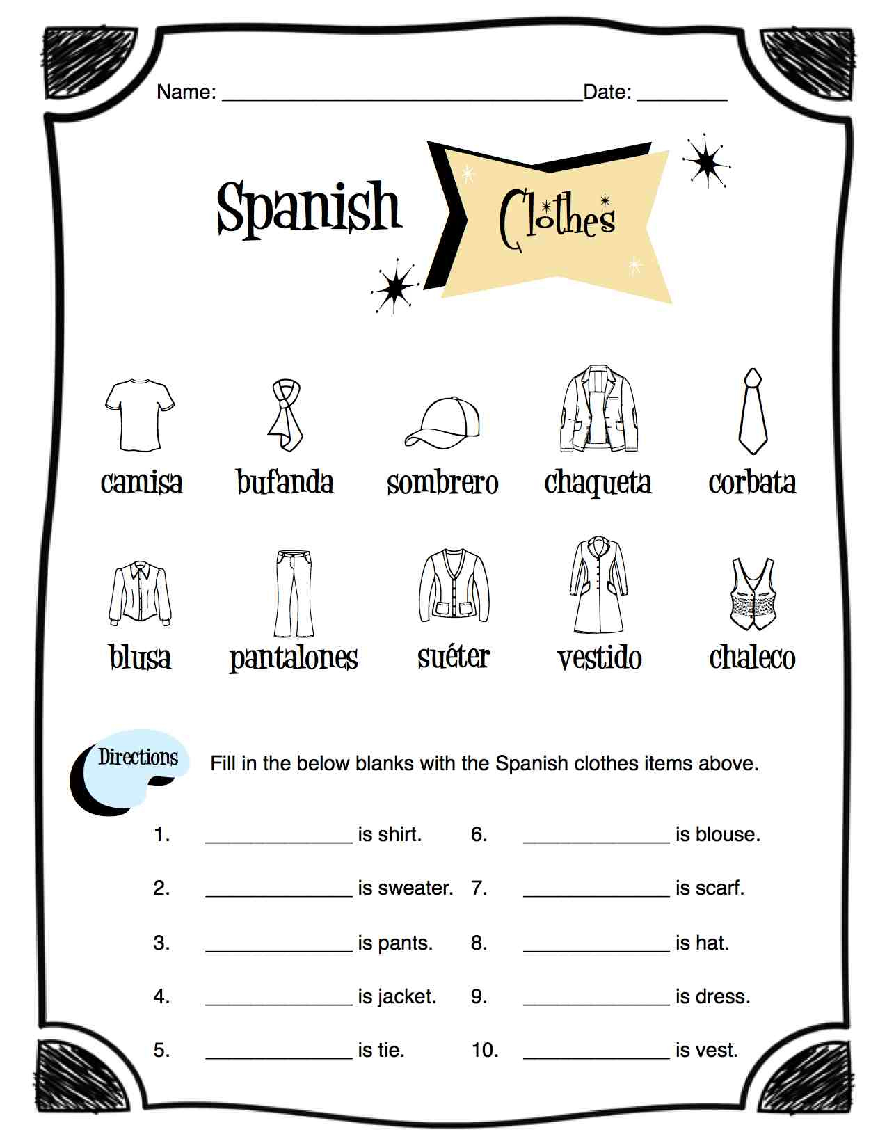 Spanish Clothing Items Worksheet Packet | Madeteachers | Spanish Clothing Worksheet Printables