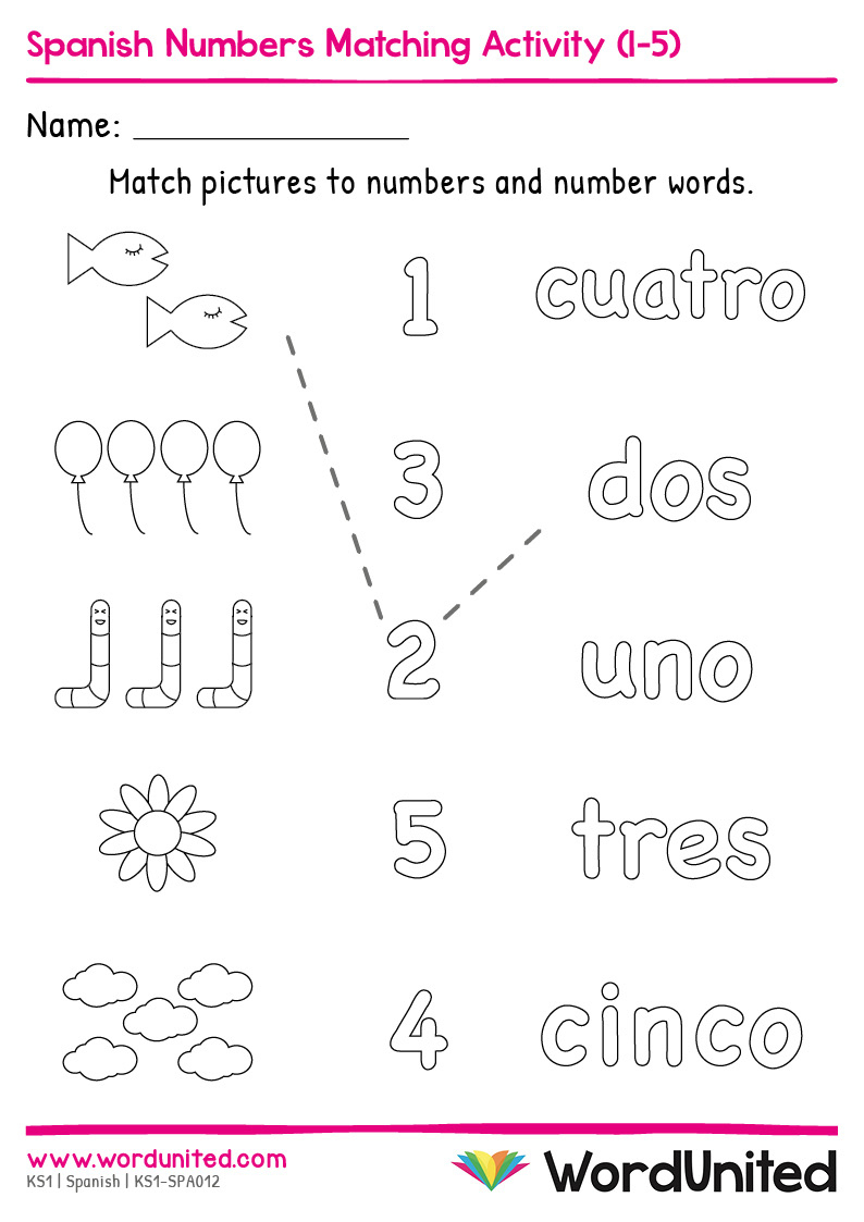 Spanish Numbers Matching Activity (1-5) - Wordunited | Numbers In Spanish Worksheet Printable