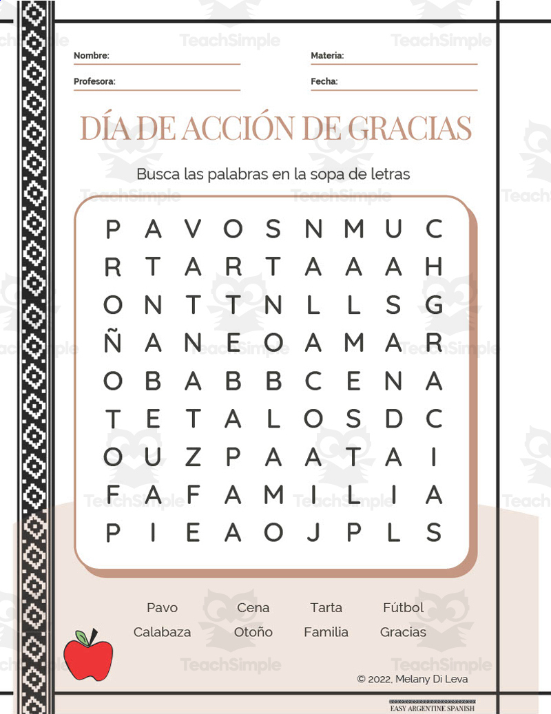 Spanish: Thanksgiving Day Word Search Packet | Thanksgiving in Spanish Worksheets