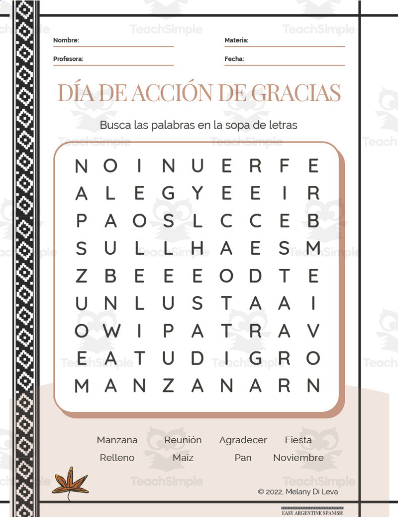 Spanish: Thanksgiving Day Word Search Packet | Thanksgiving Spanish Worksheets