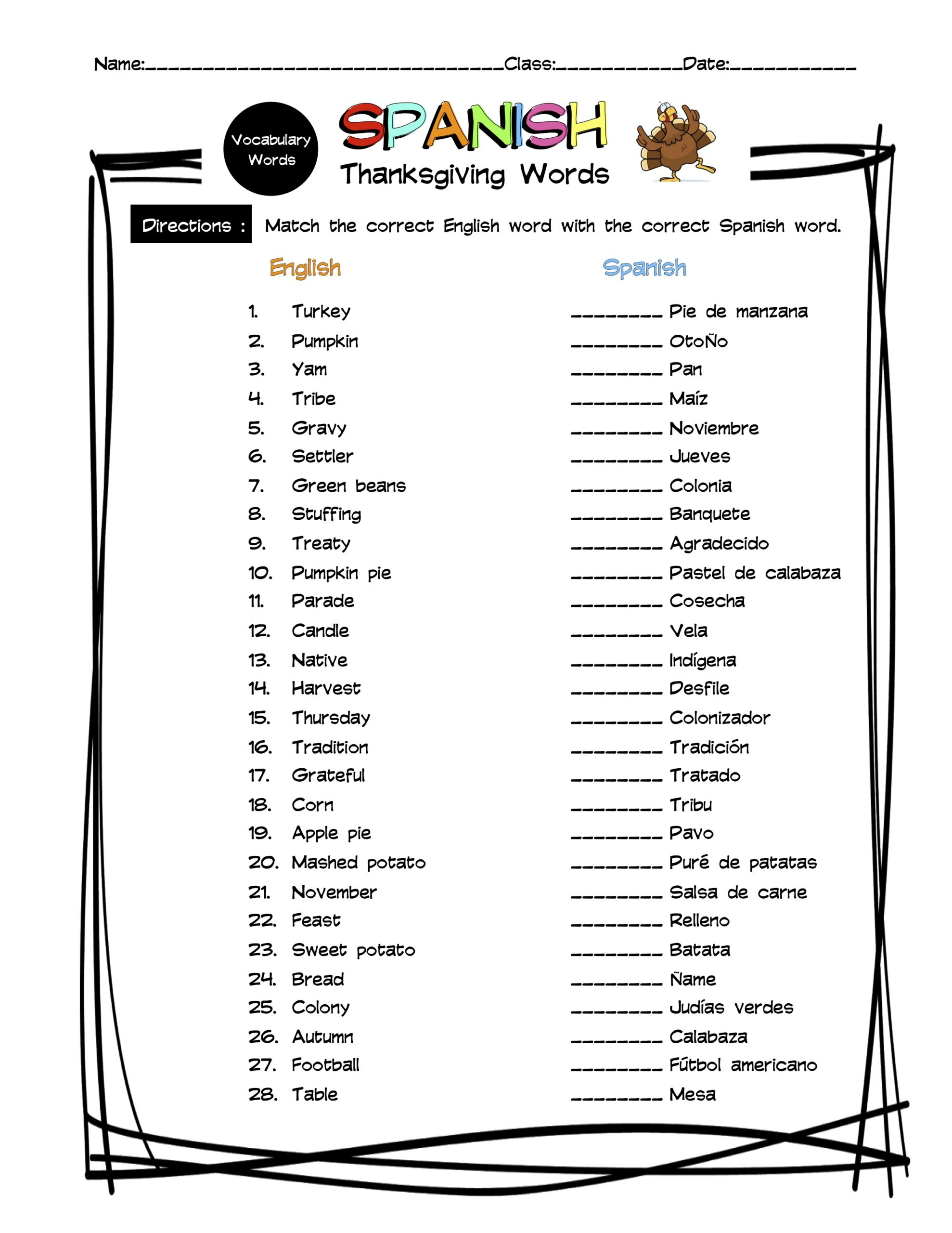 Spanish Thanksgiving Vocabulary Matching Worksheet &amp;amp; Answer Key | Thanksgiving Worksheets In Spanish