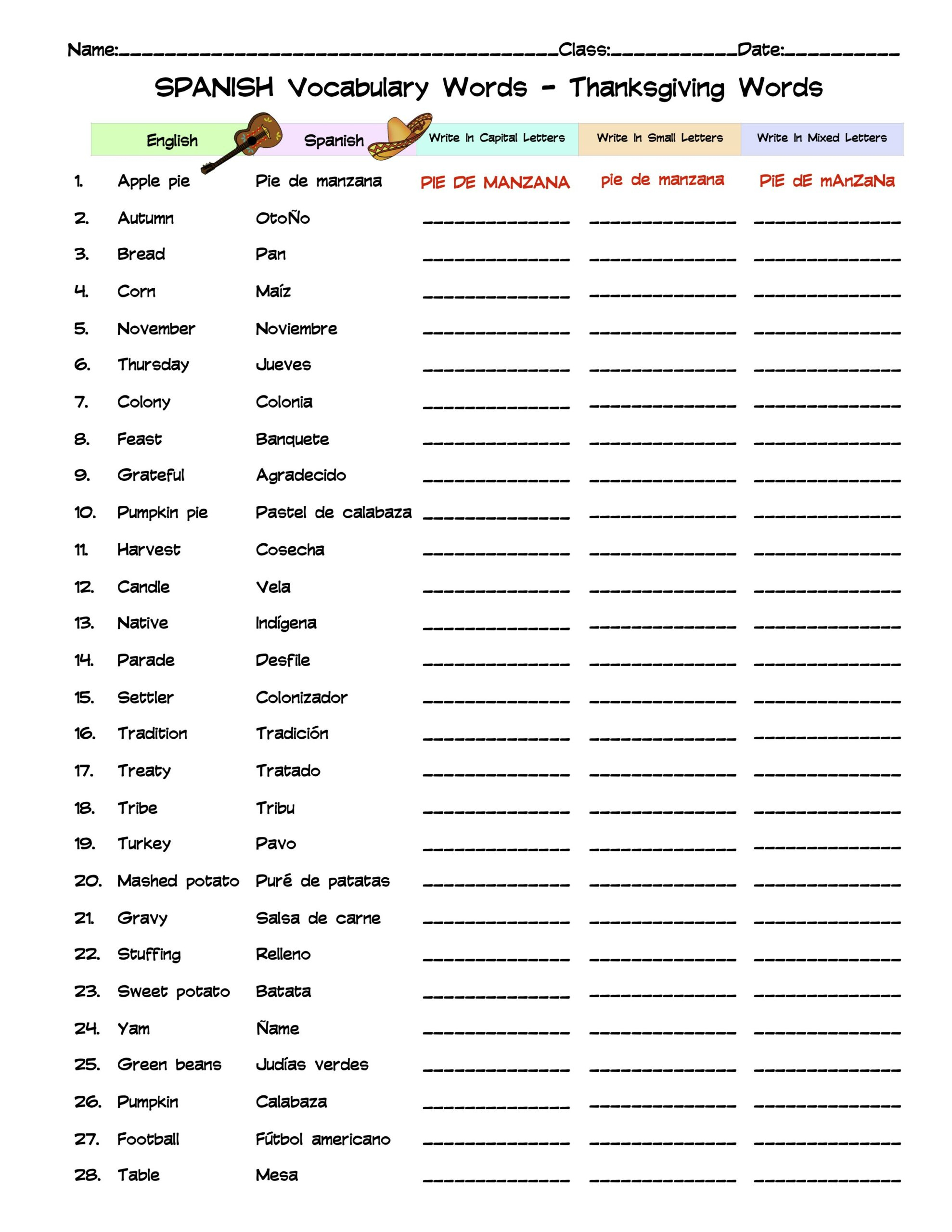 Spanish Thanksgiving Vocabulary Word List Column Worksheet | Made | Spanish Worksheets For Thanksgiving