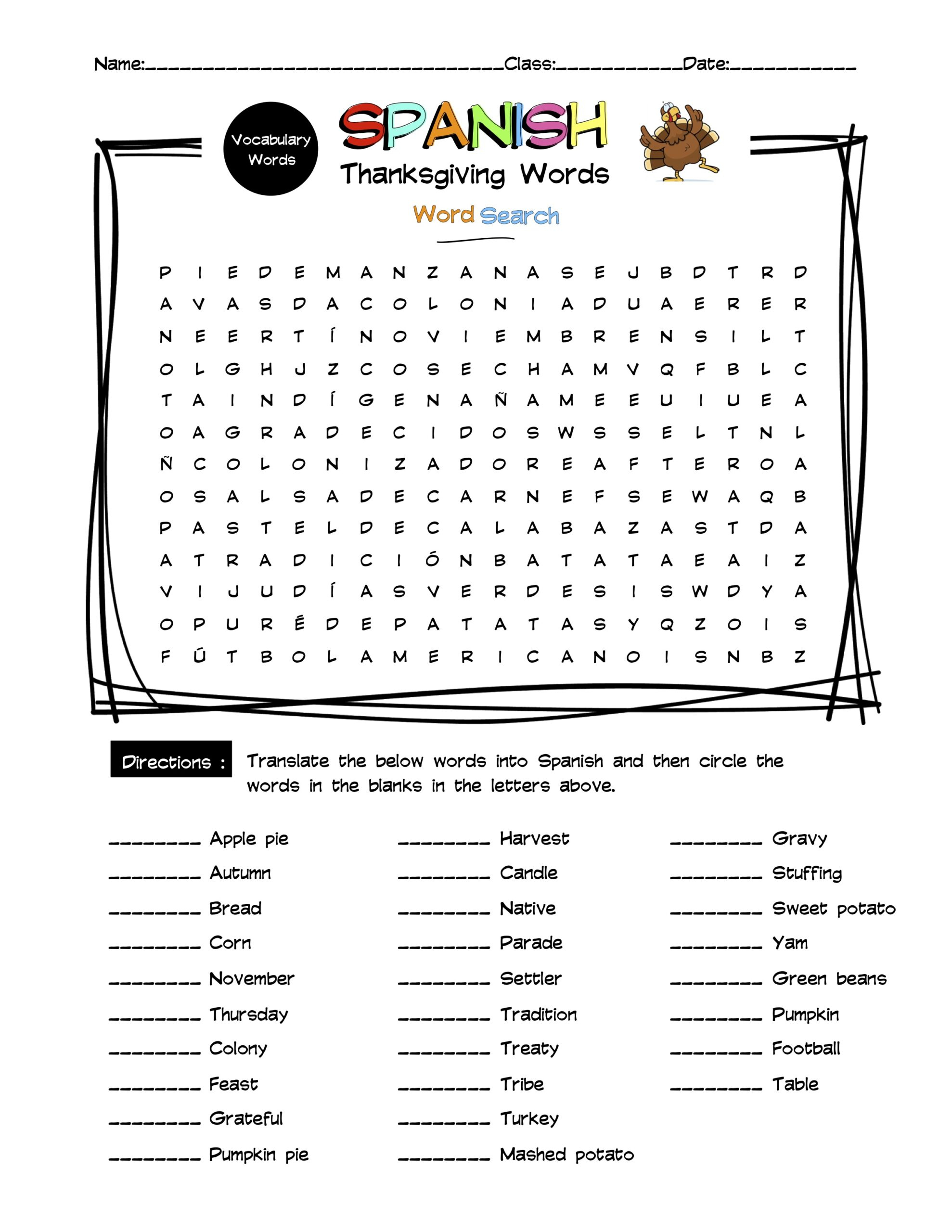 Spanish Thanksgiving Vocabulary Word Search &amp;amp; Answer Key | Made | Thanksgiving Worksheets in Spanish