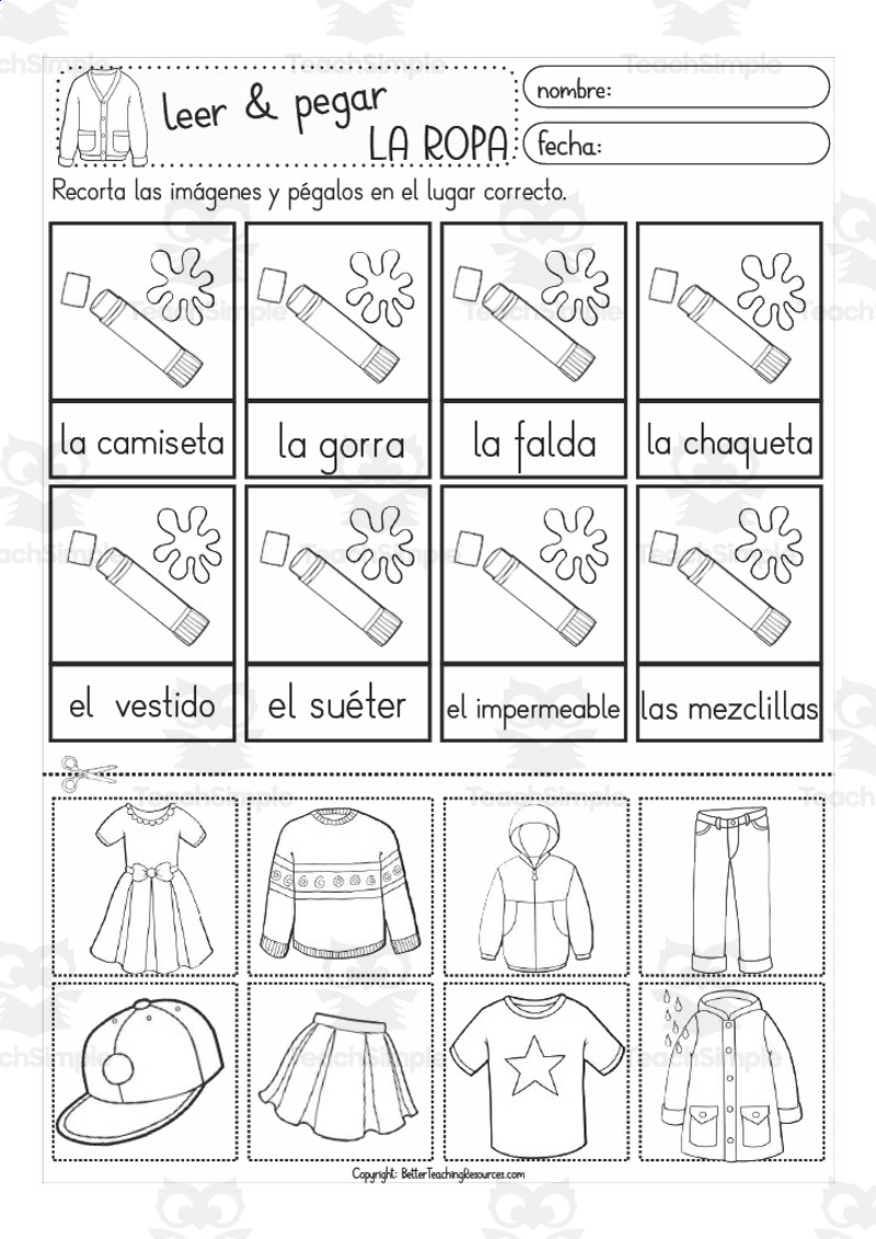 Spanish: Vocabulary Practice Sheet | Clothes Cut And Paste | Spanish Clothing Worksheet Printables