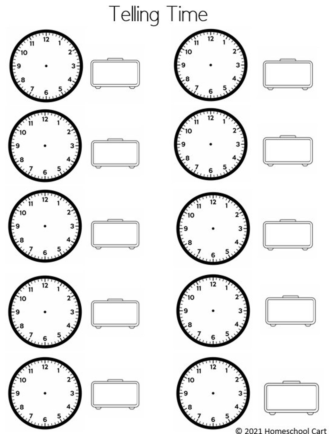 Telling The Time Blank Clocks Worksheet Template - Etsy Canada | Blank Clock Face Worksheet Printable