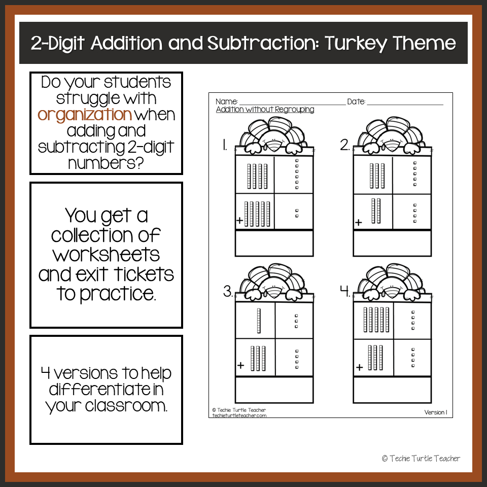 Thanksgiving 2-Digit Addition &amp;amp; Subtraction Using Base Ten Blocks | Thanksgiving Subtraction With Regrouping Worksheets