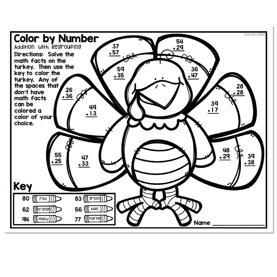 Thanksgiving 2-Digit Subtraction With Regrouping Color-By-Code | Thanksgiving Subtraction with Regrouping Worksheets