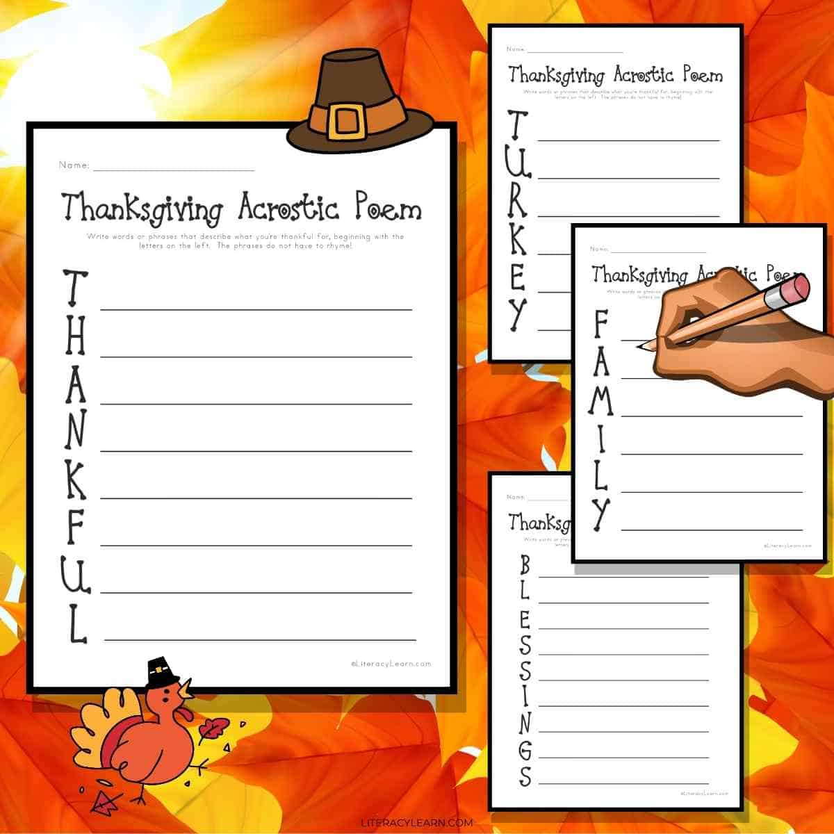 Thanksgiving Acrostic Poems - 4 Free Printables - Literacy Learn | Thanksgiving Poem Worksheet