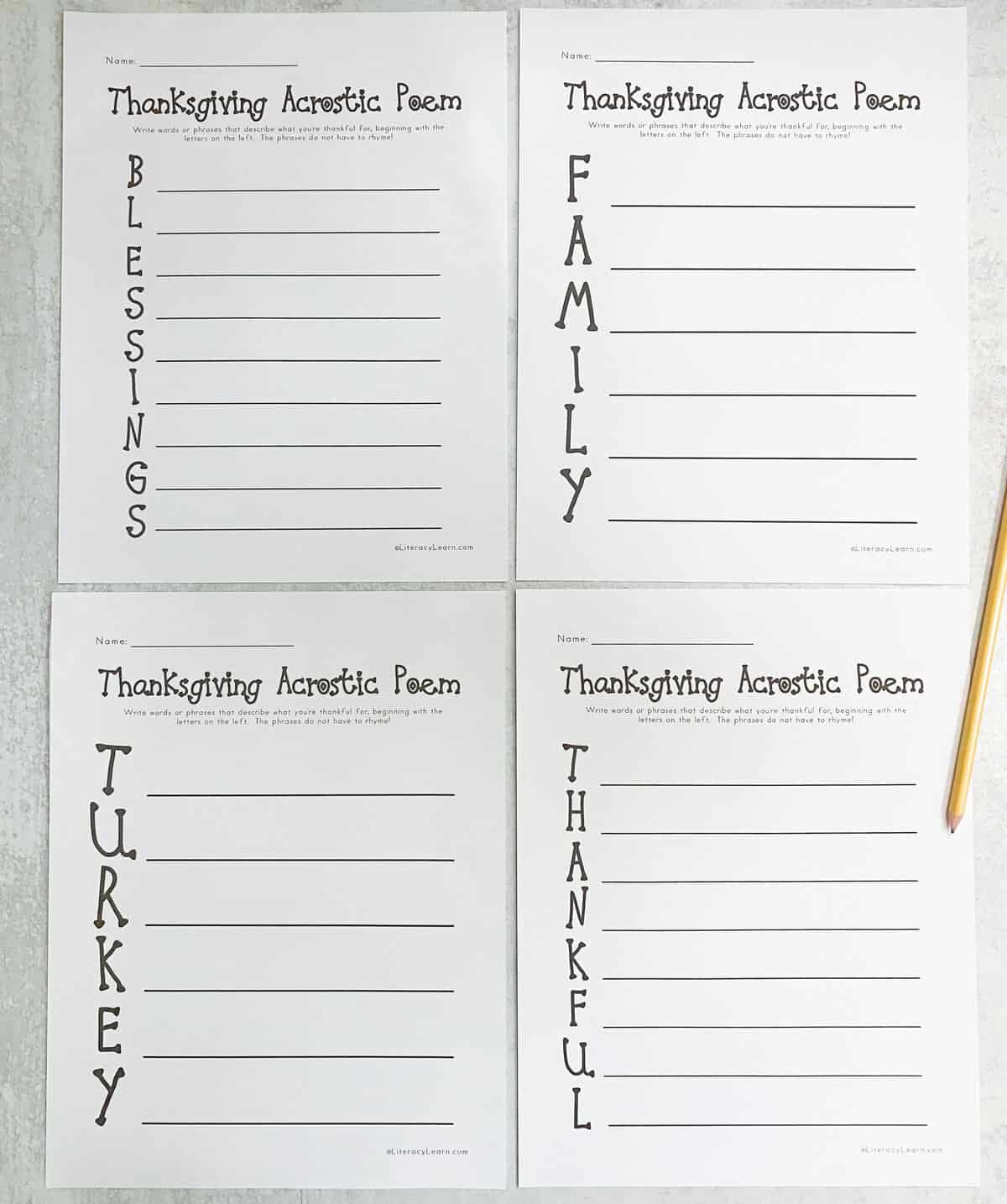 Thanksgiving Acrostic Poems - 4 Free Printables - Literacy Learn | Thanksgiving Poem Worksheet