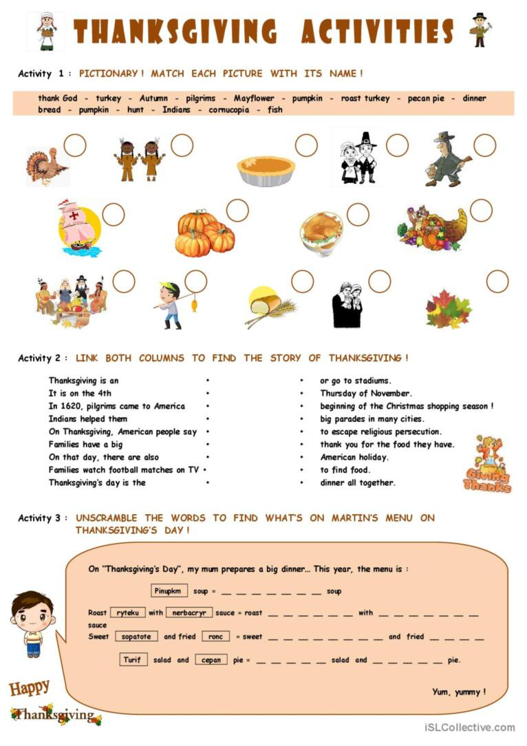 Thanksgiving Activities: English Esl Worksheets Pdf &amp;amp; Doc | Thanksgiving Worksheets For ESL Students