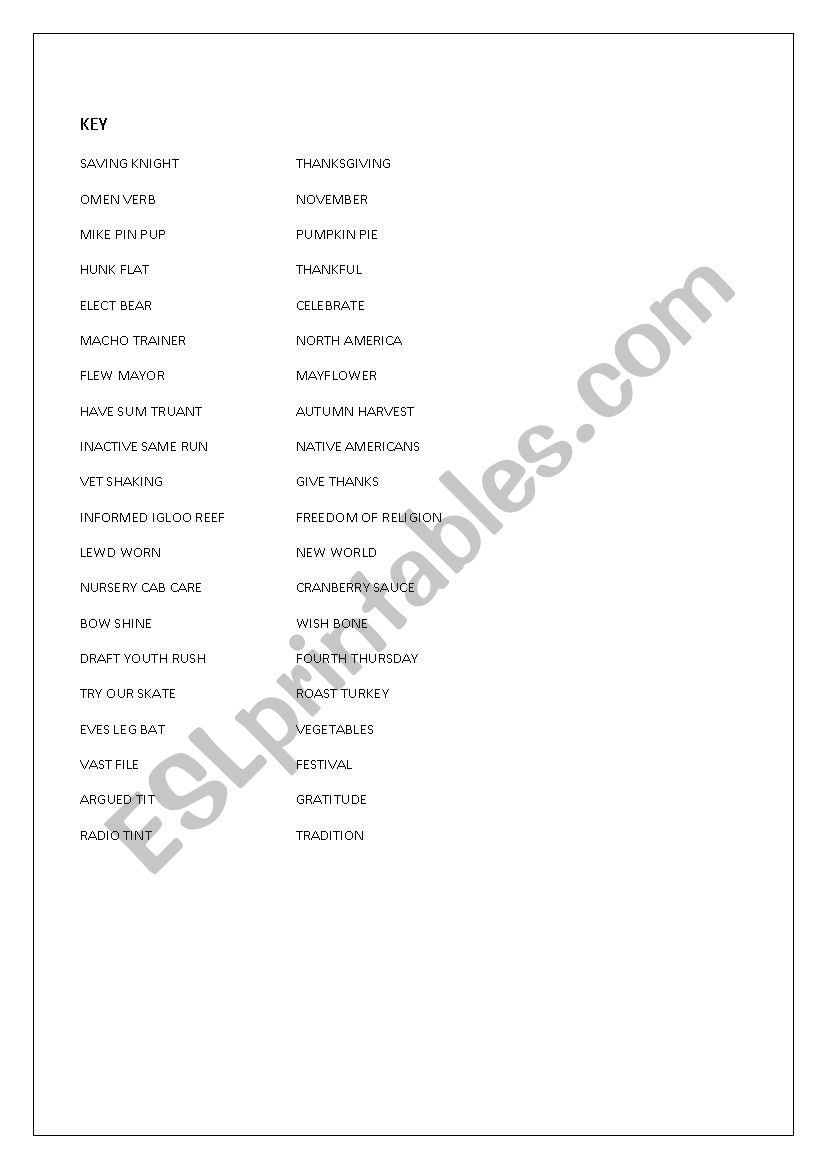 Thanksgiving Anagrams - Esl Worksheetloretta01 | Thanksgiving Anagrams Worksheet Answers