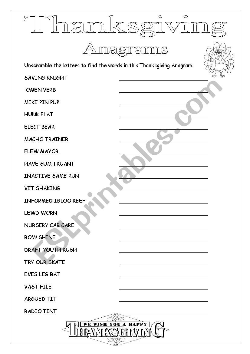 Thanksgiving Anagrams - Esl Worksheetloretta01 | Thanksgiving Anagrams Worksheet Answers
