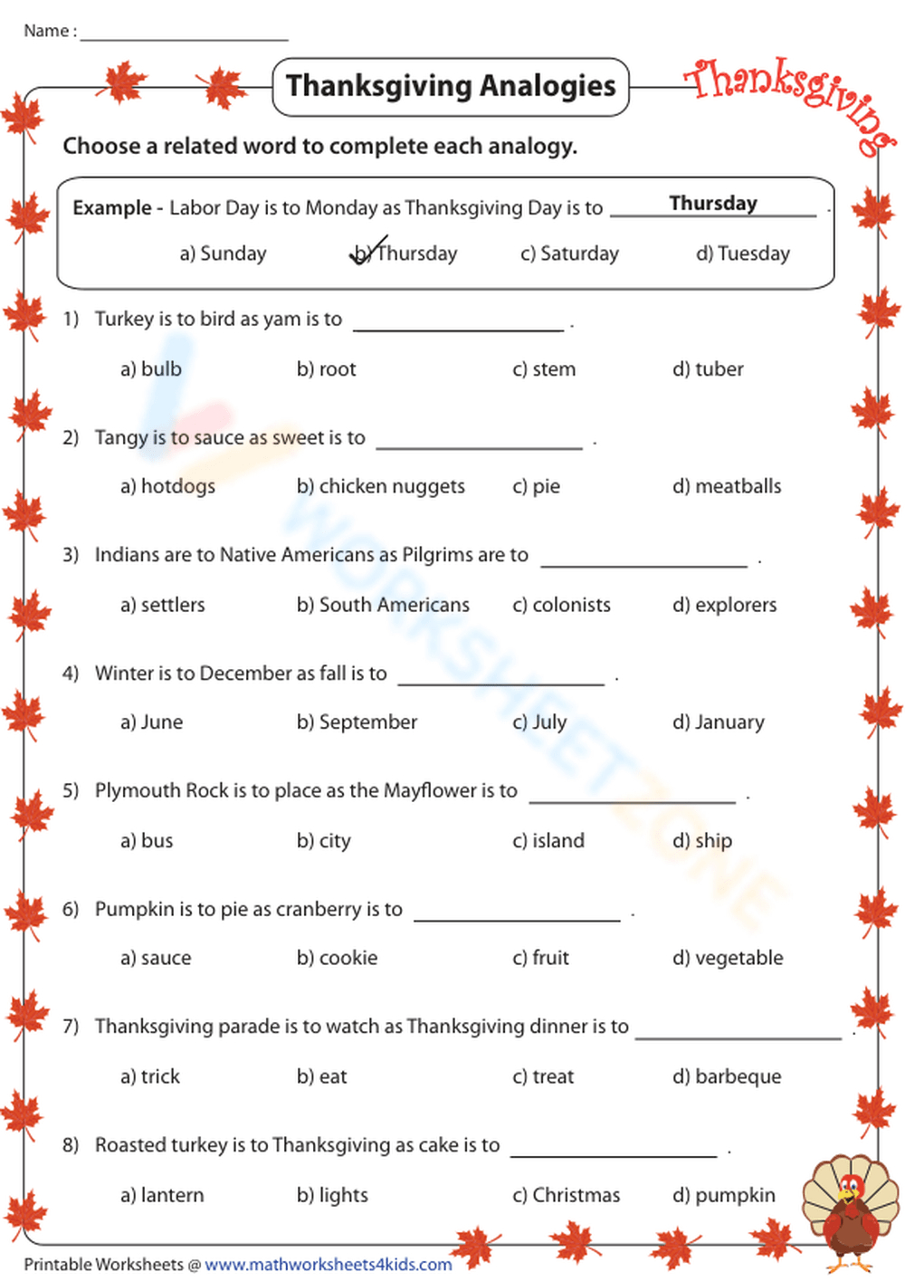 Thanksgiving Analogies: Festive &amp;amp; Fun Worksheet! Worksheet | Thanksgiving Analogies Worksheet Answer Key
