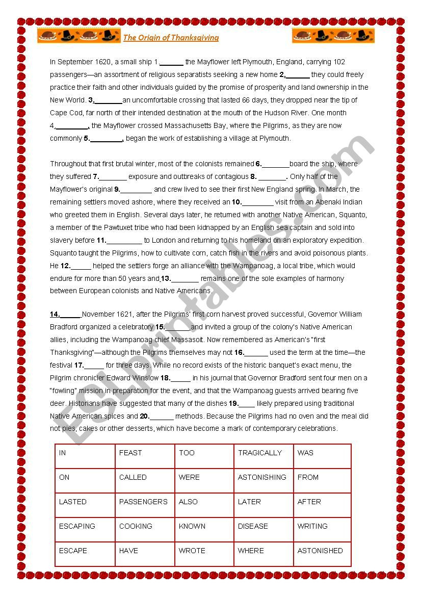 Thanksgiving Cloze Text - Esl Worksheetalaniss | Thanksgiving Cloze Worksheets