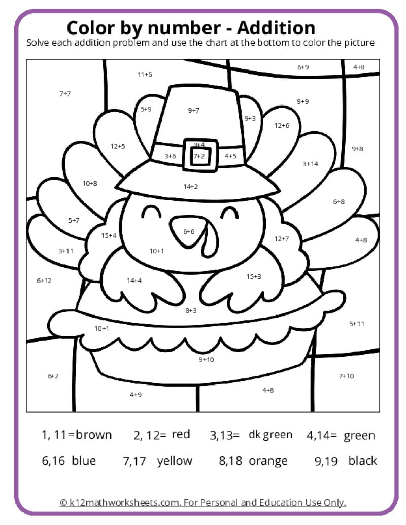 Thanksgiving Colornumber Pages - K12 Math Worksheets | Thanksgiving Color By Number Worksheets