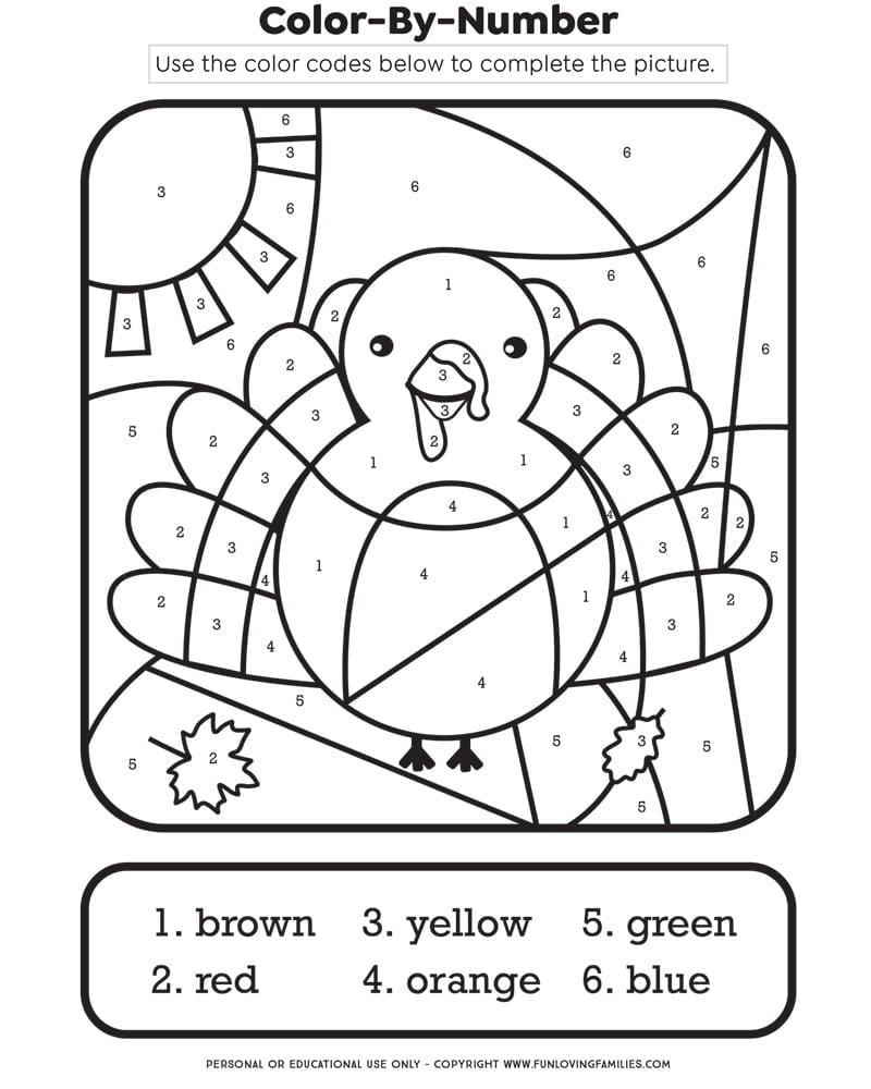 Thanksgiving Colornumber Printable Kids Activity - Fun Loving | Thanksgiving Worksheets Color by Number