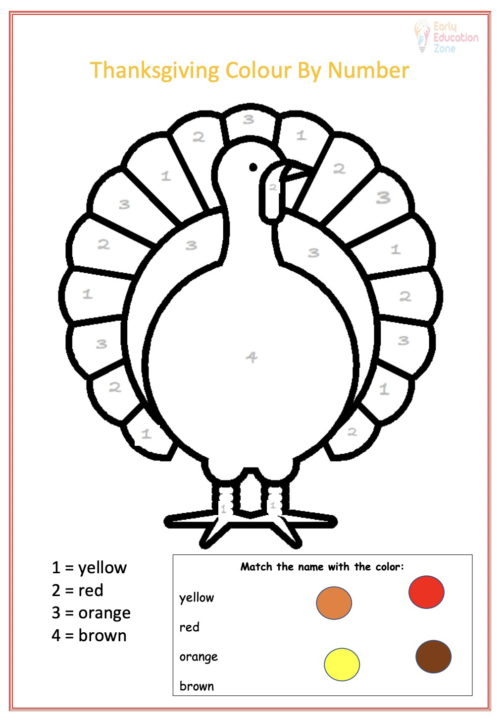 Thanksgiving Colournumber Turkey | Early Education Zone | Thanksgiving Turkey Worksheet