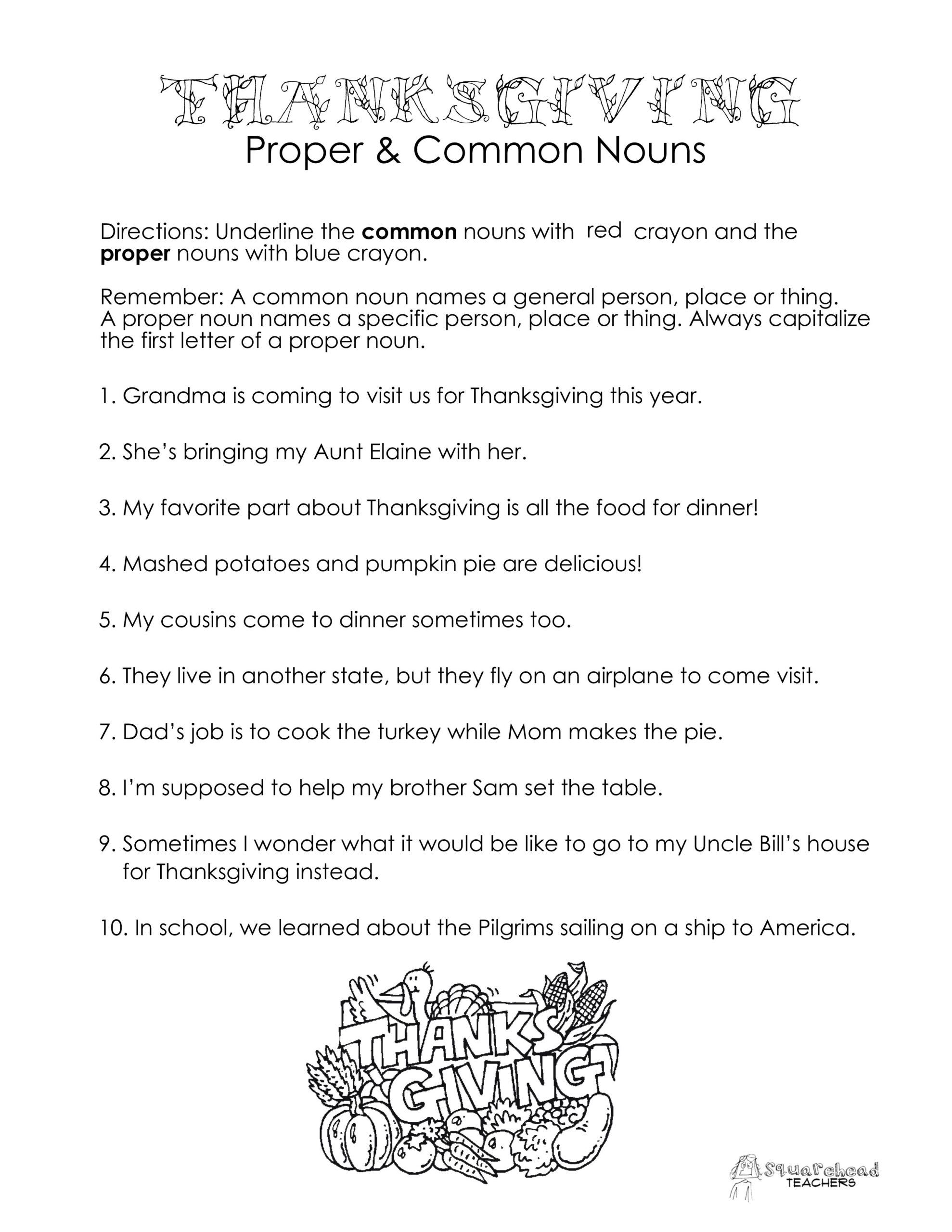 Thanksgiving Common Vs. Proper Nouns Worksheet | Squarehead Teachers | Thanksgiving Nouns Worksheets