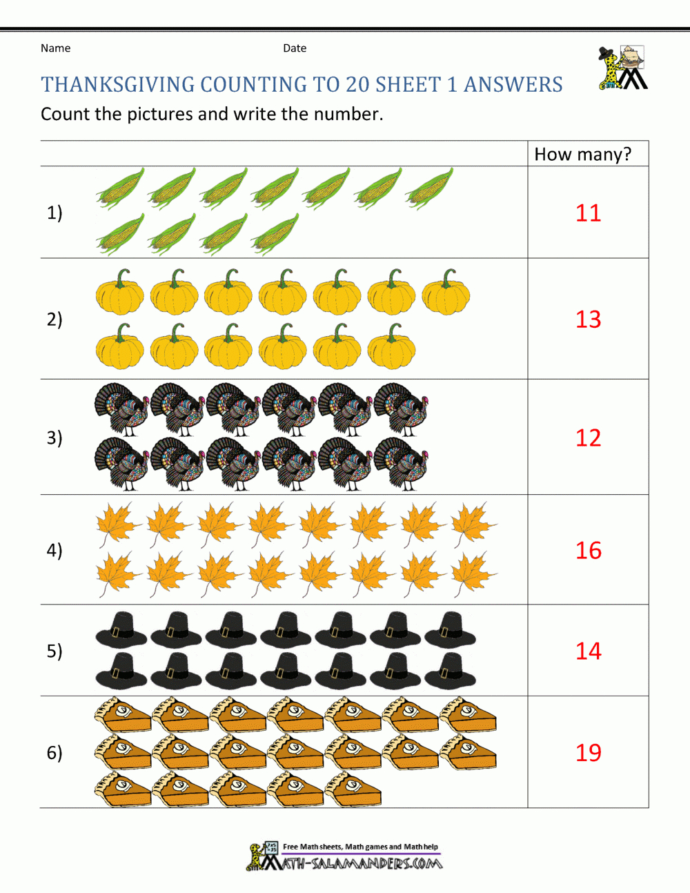Thanksgiving Counting Worksheets | Thanksgiving Worksheet Answers