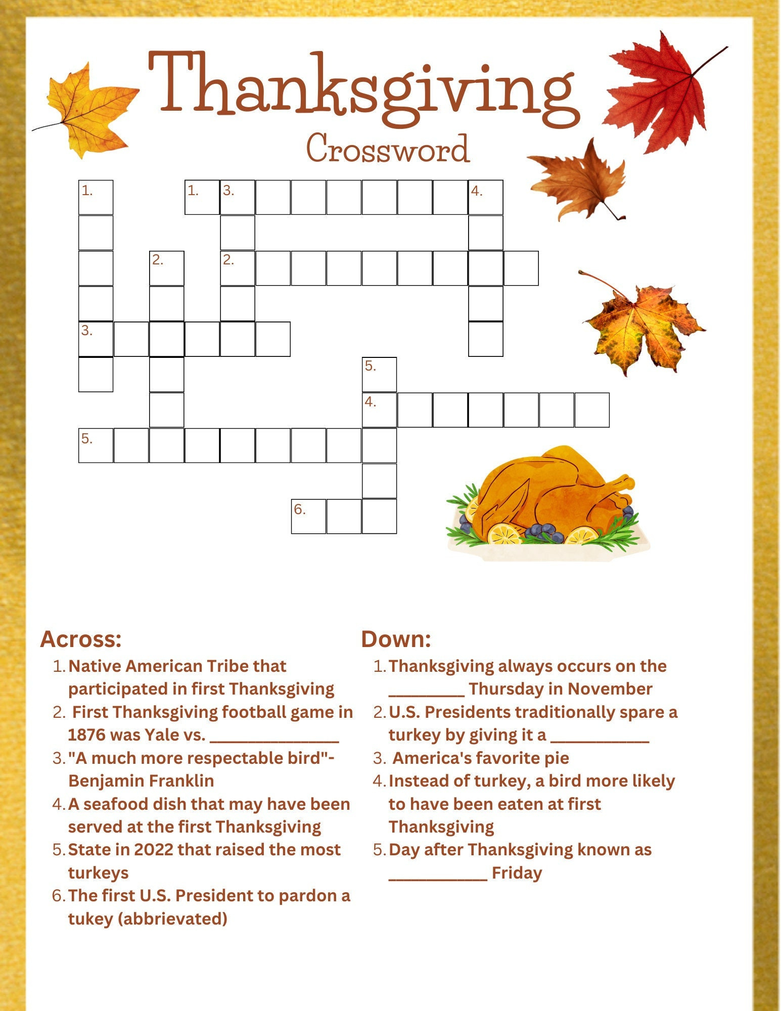 Thanksgiving Crossword - Etsy Uk | Thanksgiving Crossword Puzzle Worksheet Answer Key
