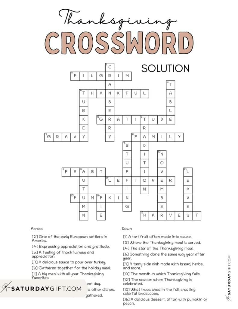 Thanksgiving Crossword Puzzle - Cute &amp;amp; Free Printable | Saturdaygift | Thanksgiving Crossword Puzzle Worksheet Answer Key