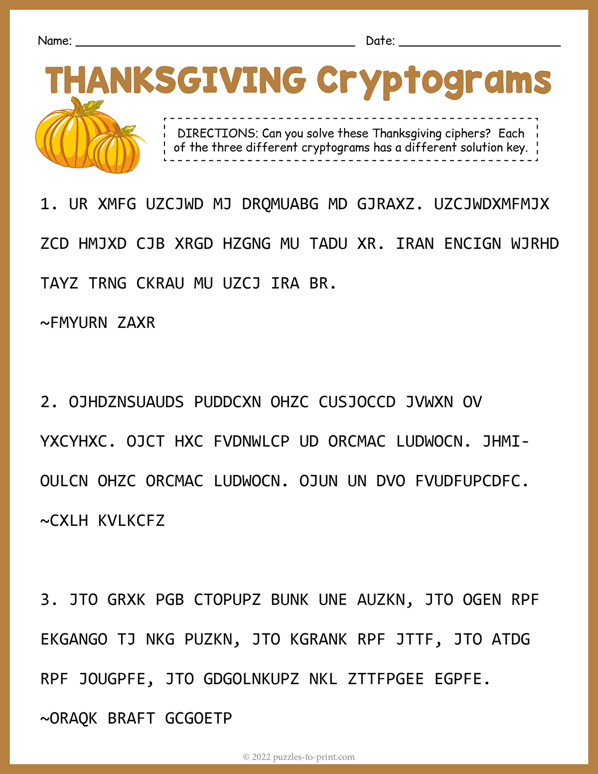 Thanksgiving Cryptograms | Thanksgiving Cryptogram Worksheet