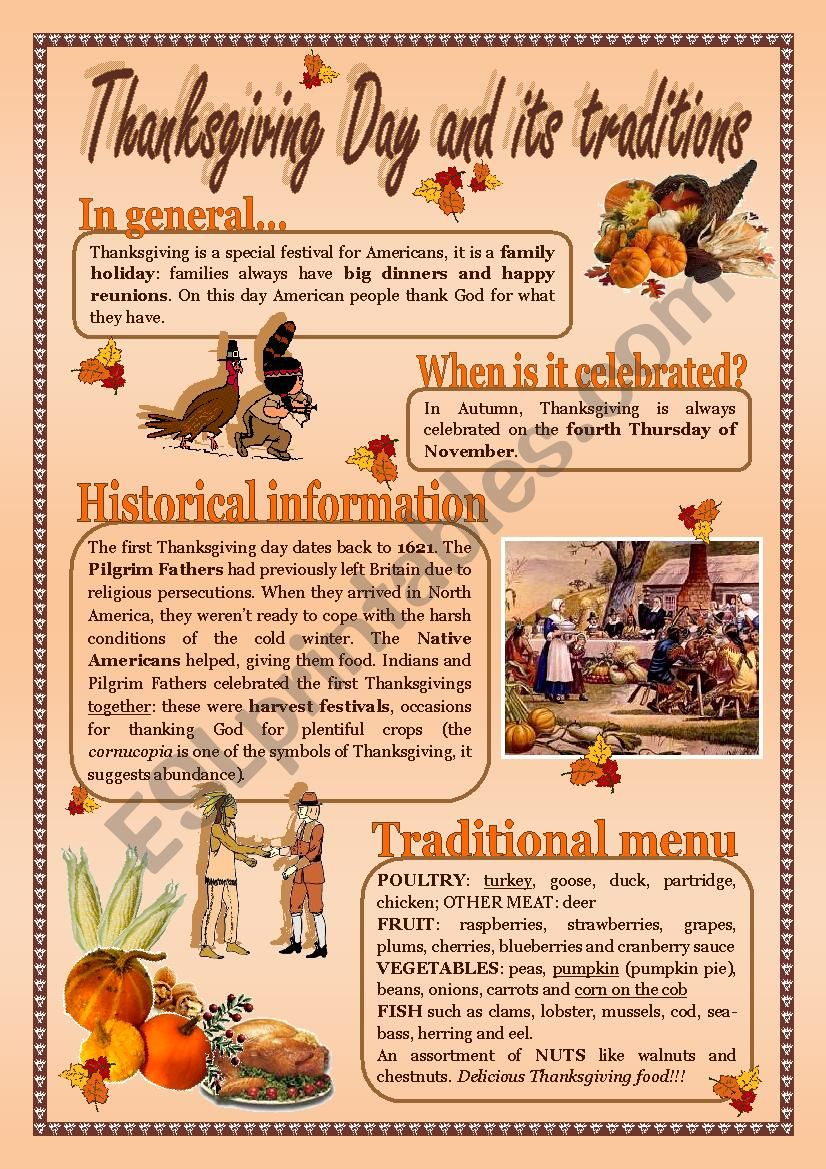 Thanksgiving Day And Its Traditions - Esl Worksheetalex076 | Thanksgiving Traditions Worksheet