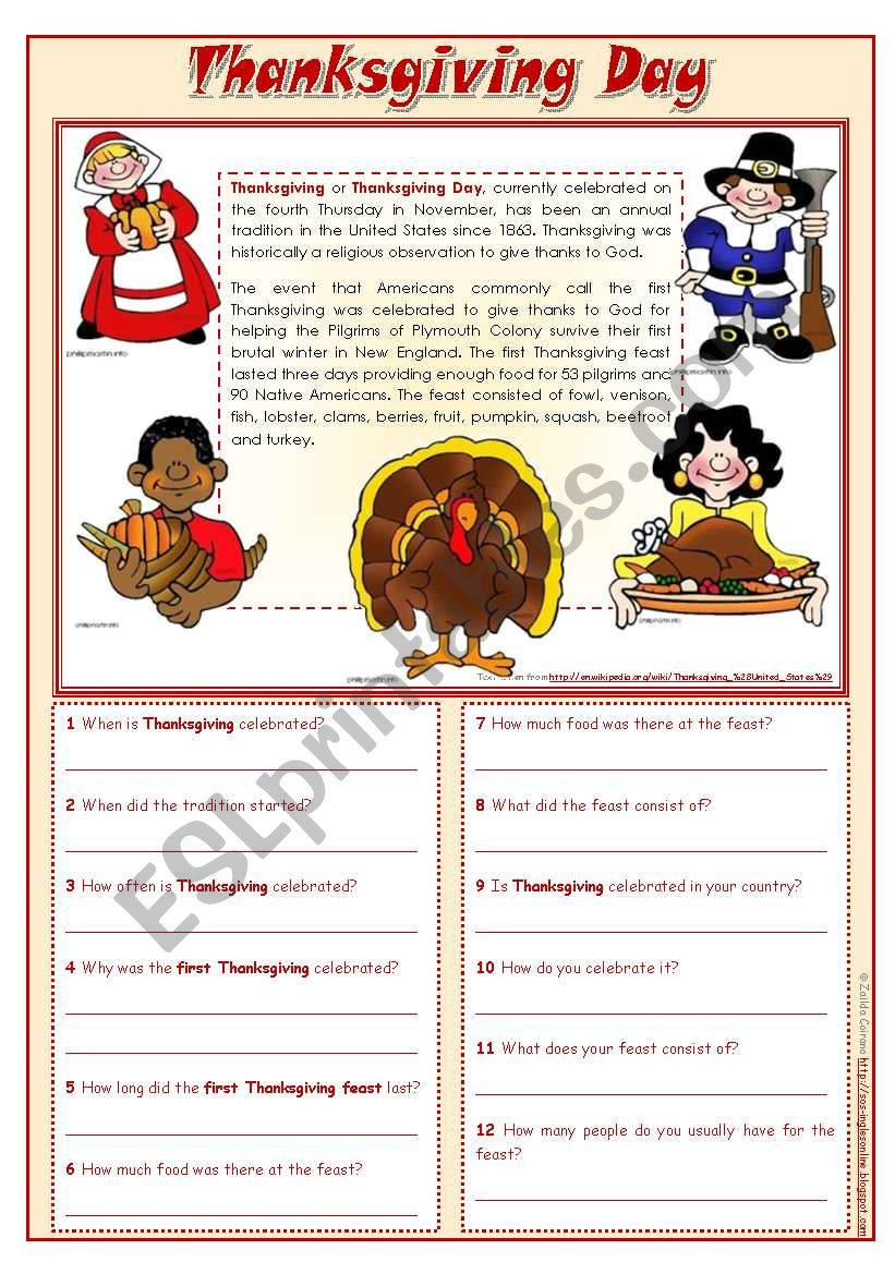 Thanksgiving Day - Reading Comprehension ***Editable - Esl | The First Thanksgiving Worksheets