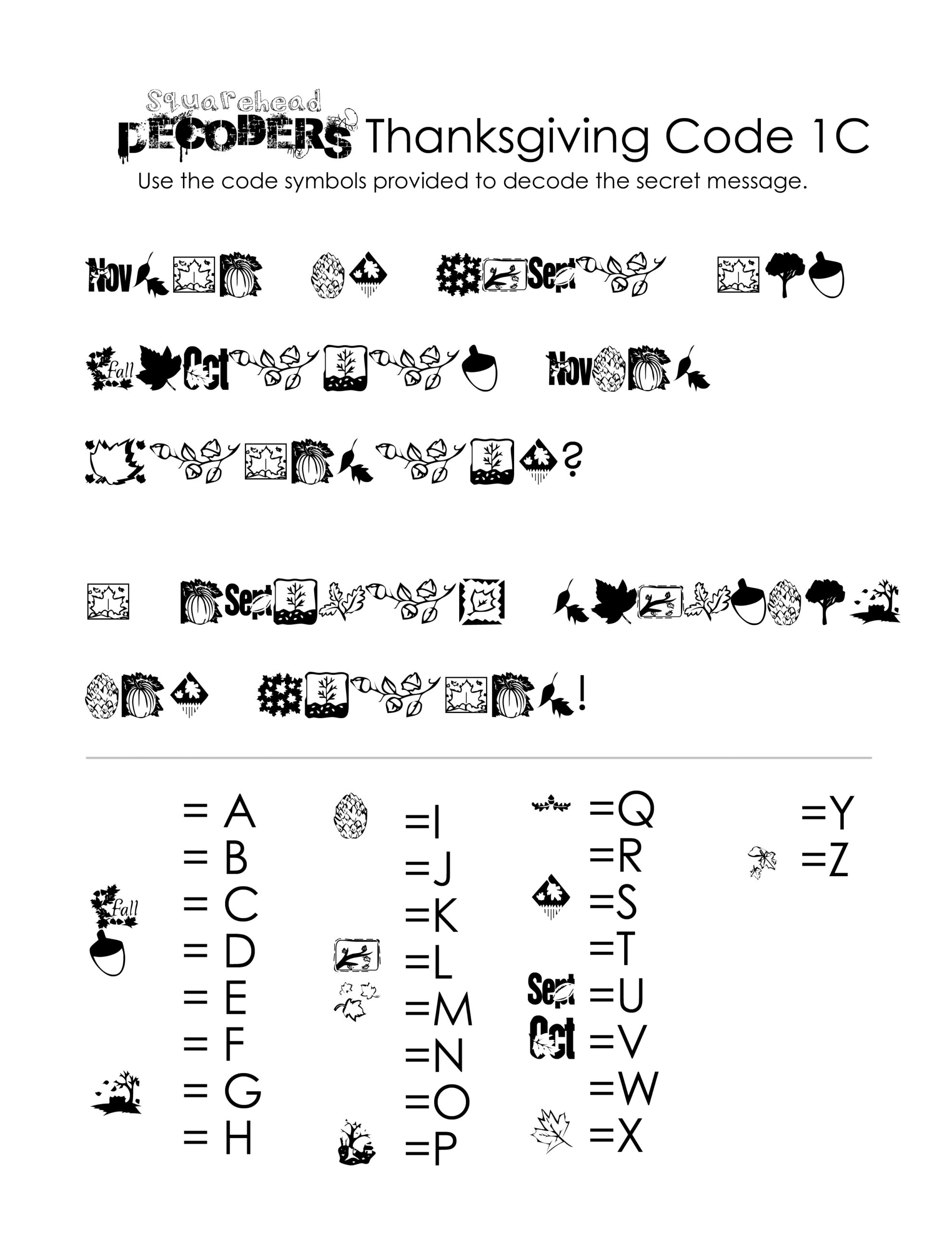 Thanksgiving Decoding Worksheets (Free!) | Squarehead Teachers | Thanksgiving Code Worksheet